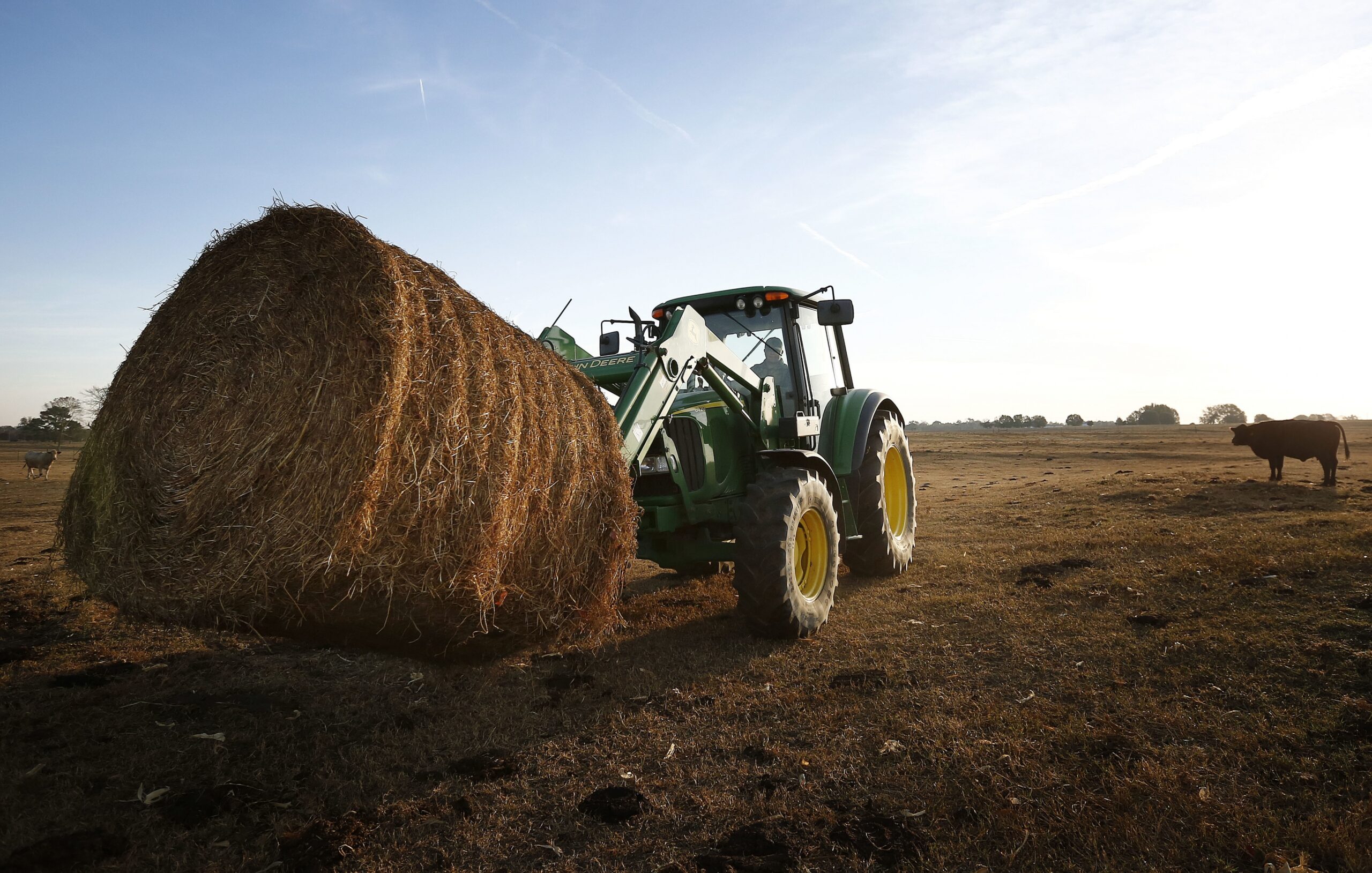 Colton Murdock drives a bale of hay on a tractor