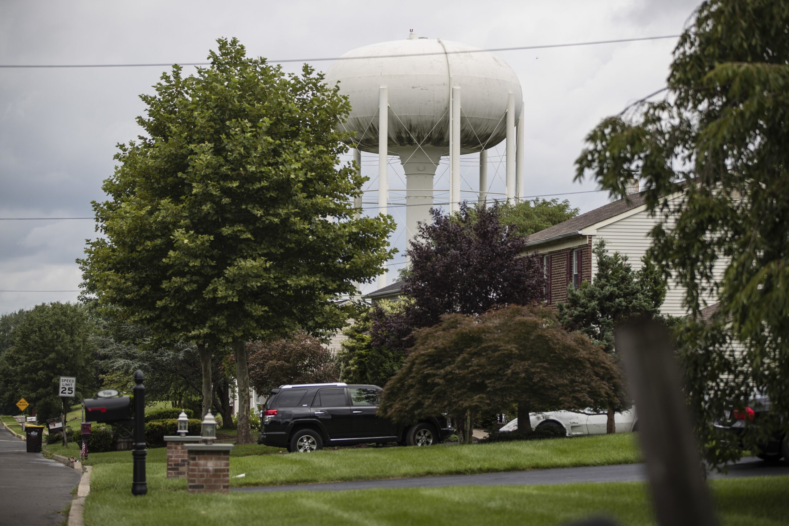 a water tower stands above a residential neighborhood
