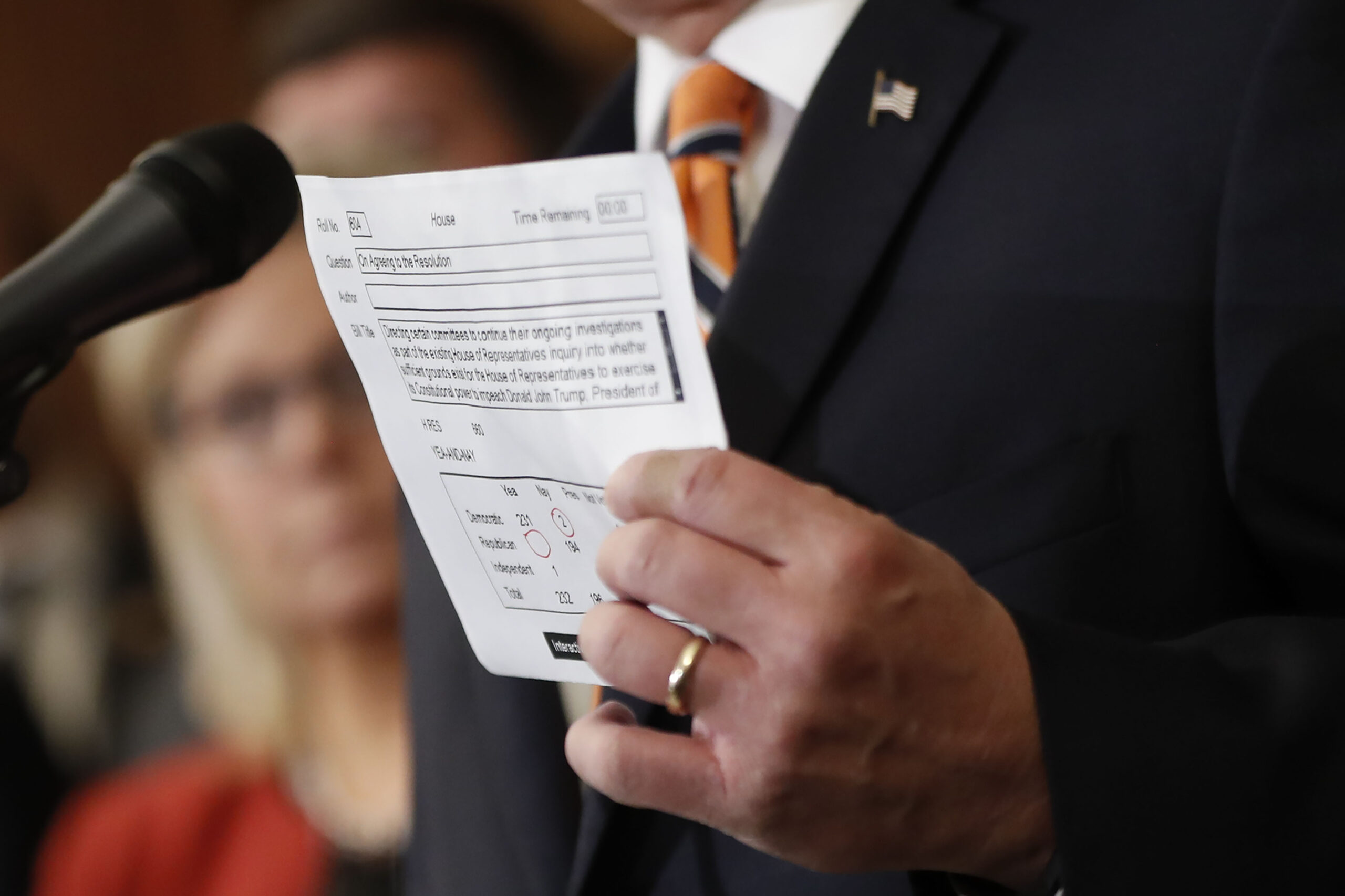 The House tally on impeachment on a piece of paper
