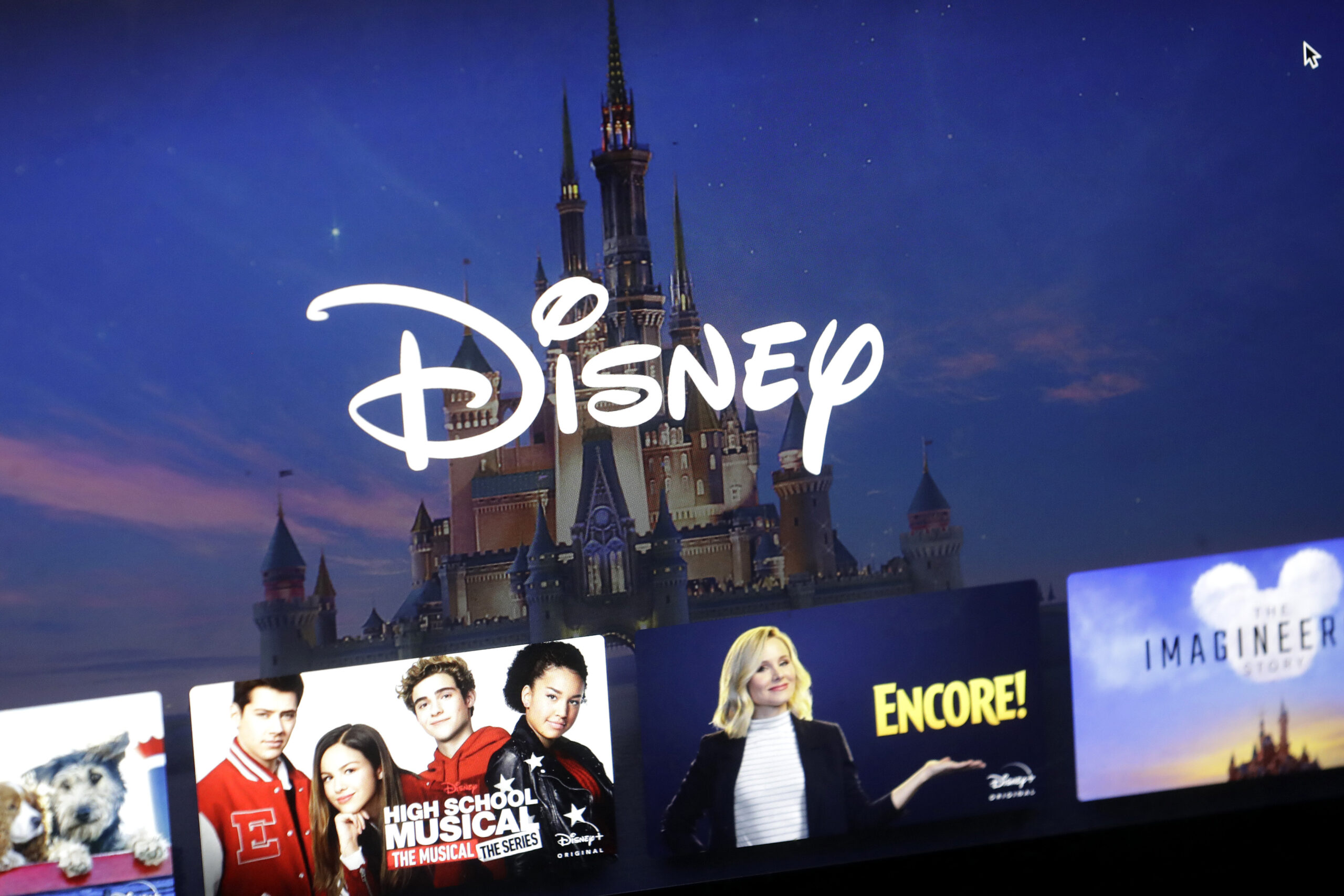 A Disney logo forms part of a menu for the Disney Plus movie and entertainment streaming service