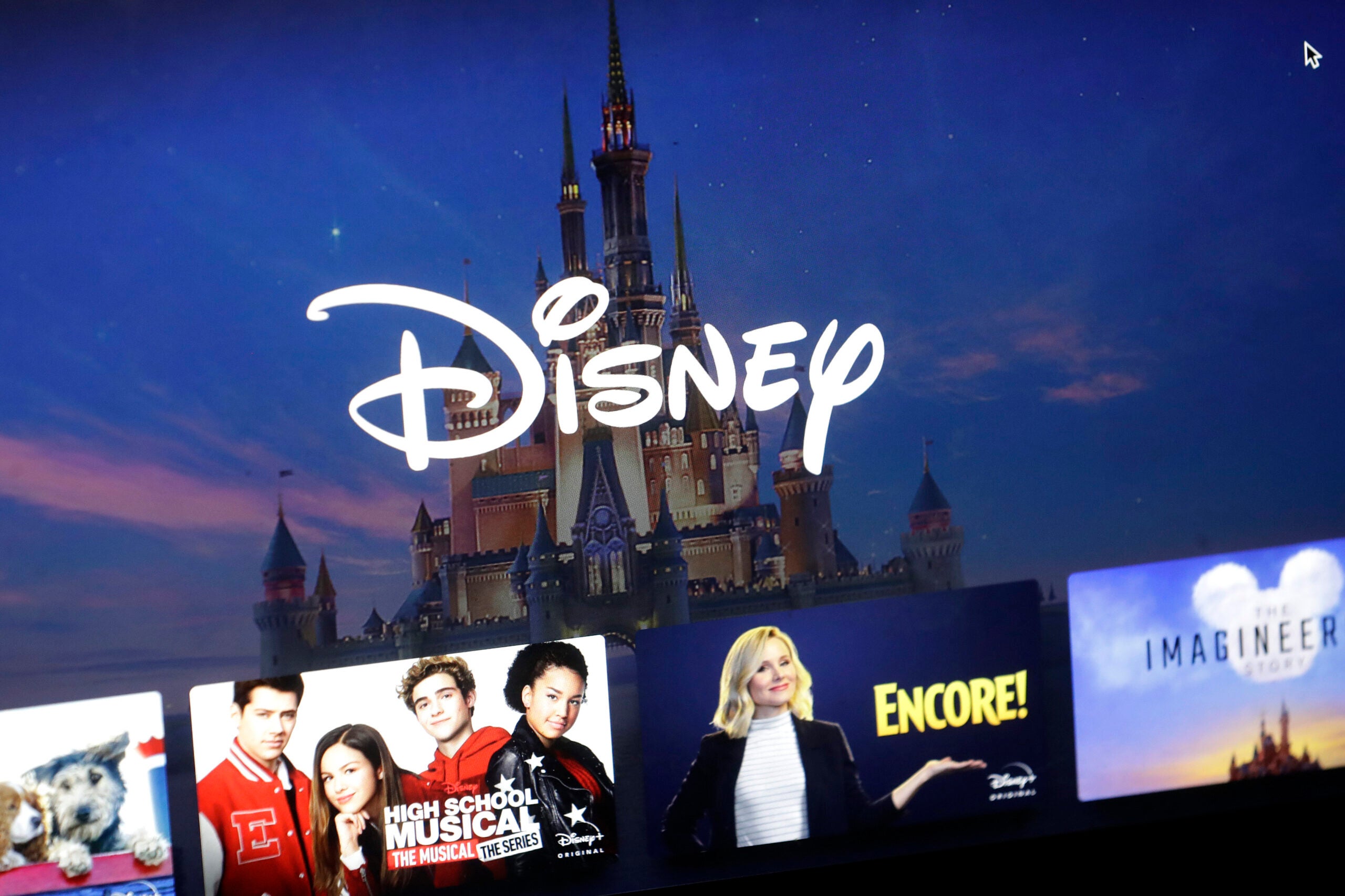 A Disney logo forms part of a menu for the Disney Plus movie and entertainment streaming service