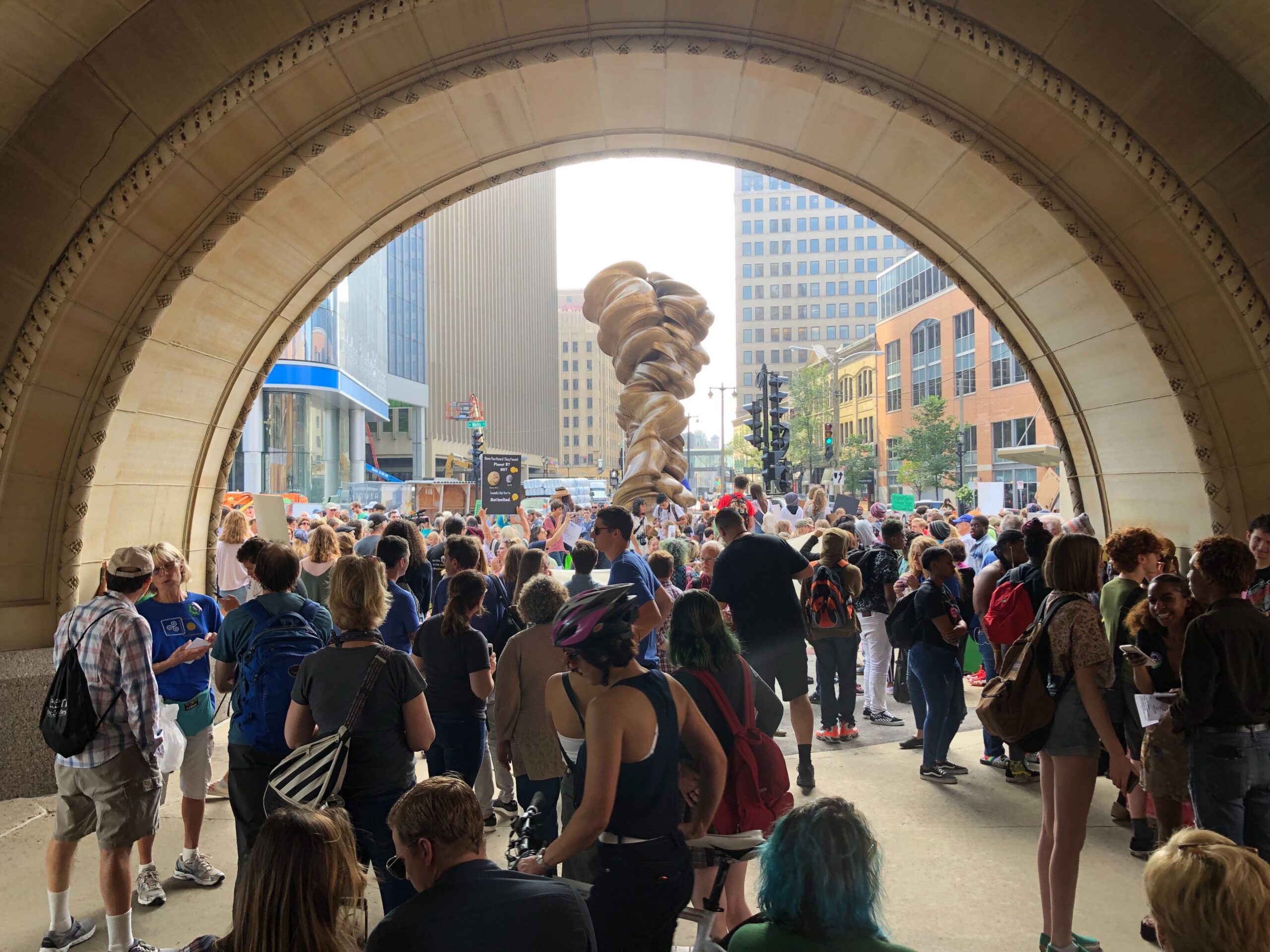 People gathered outside Milwaukee City Hall