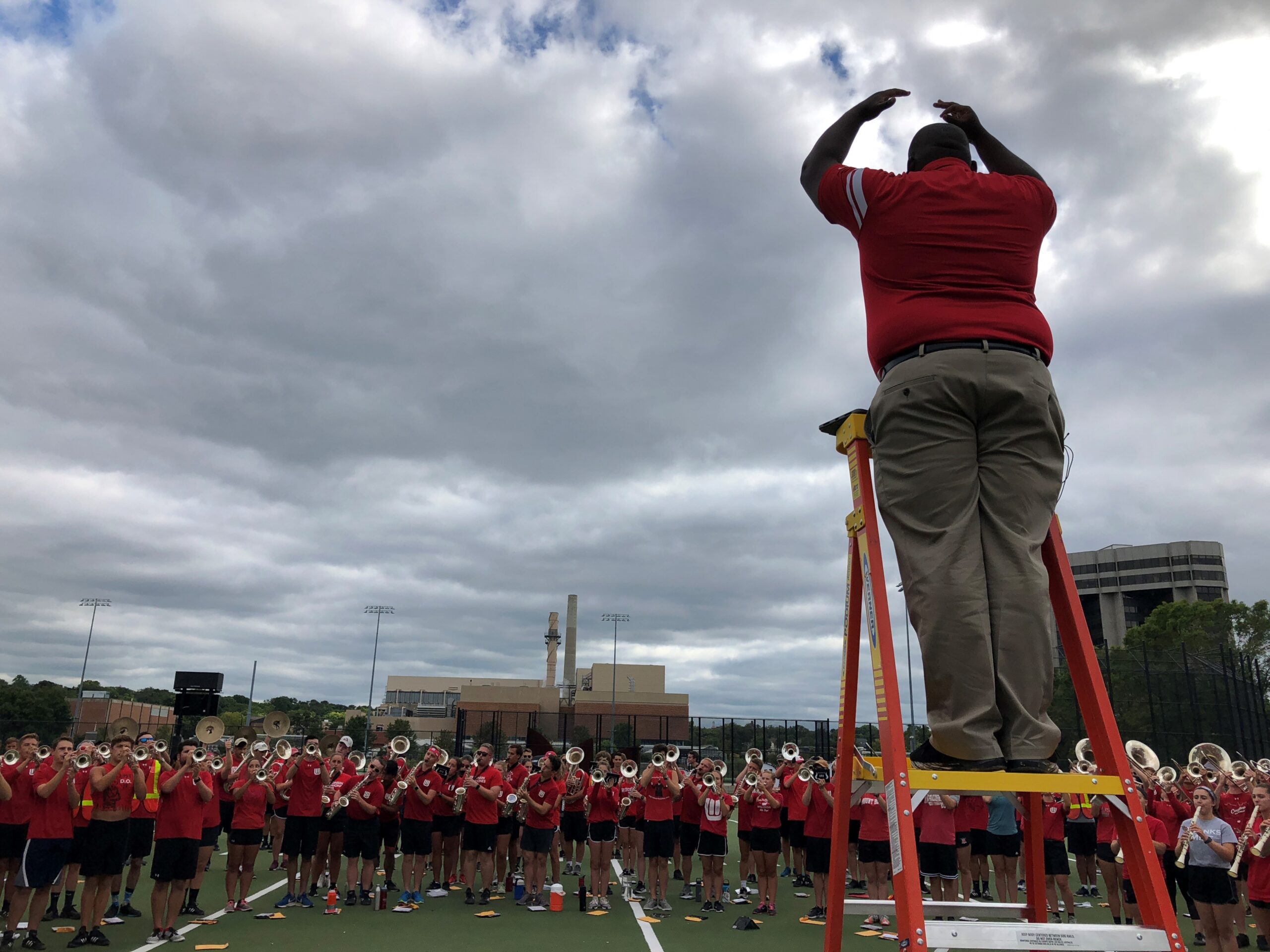 UW-Madison's new marching band director Corey Pompey at rehearsal ahead of the football team's first home game of the 2019 season against Central Michigan. 