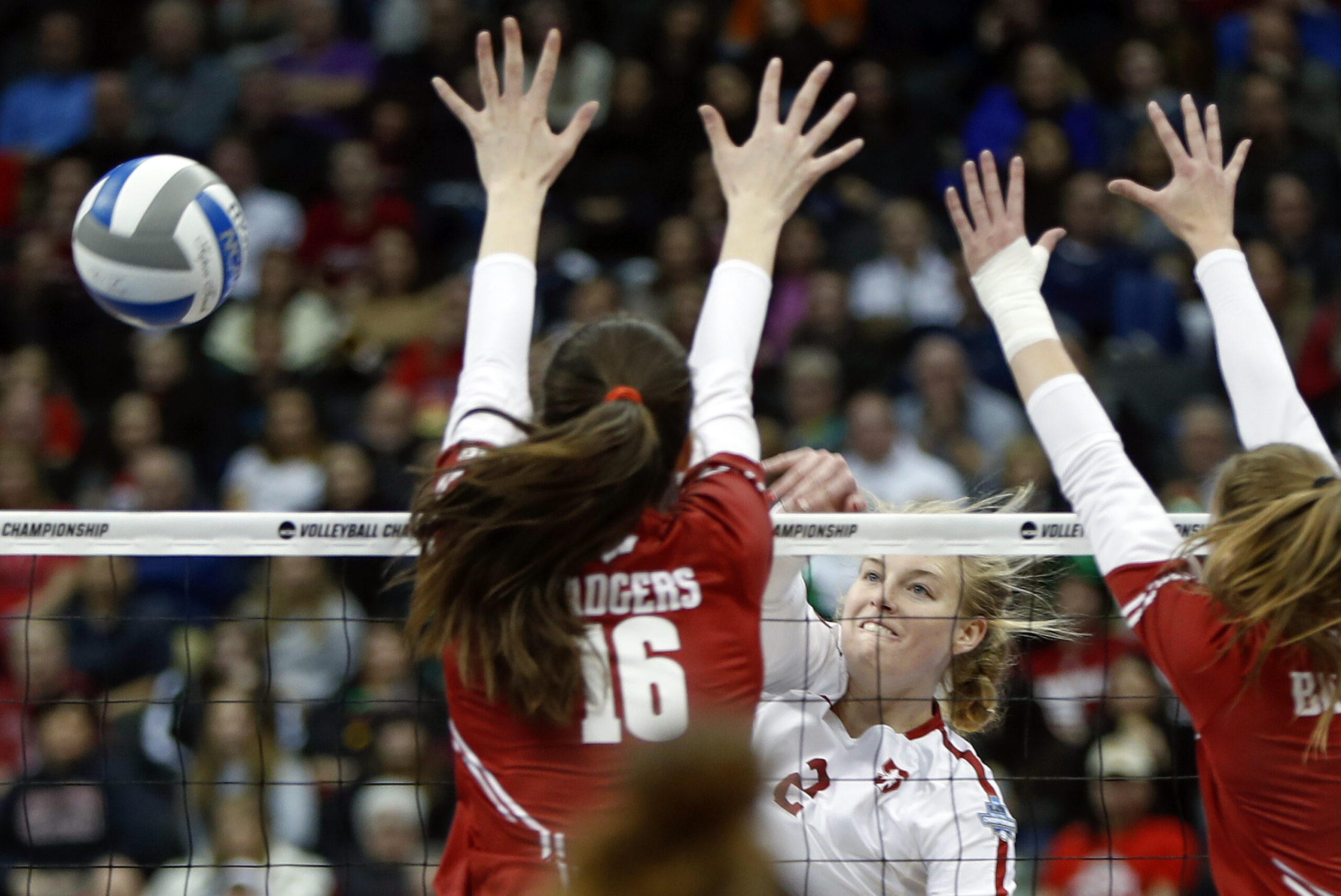 Kathryn Plummer of Stanford spikes the ball