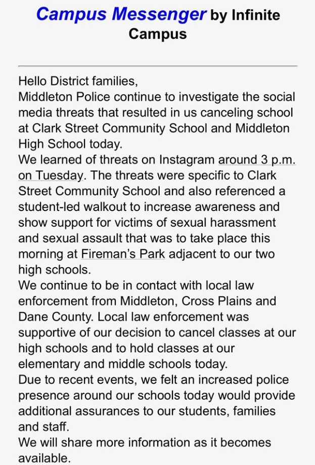 A message from the school district that talks about the threats, made on Instagram, specific to Clark Street Community School and a protest.