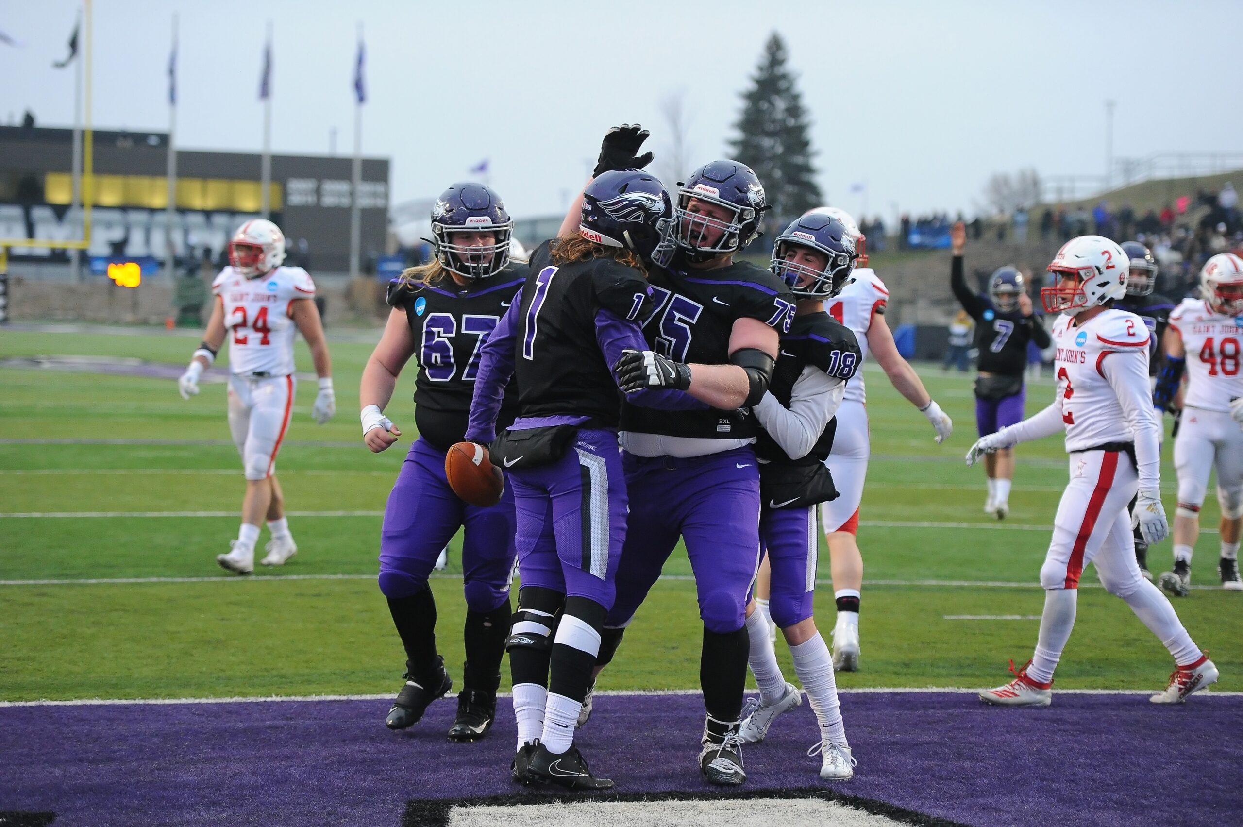 University of Wisconsin-Whitewater football players celebrate in the end zone