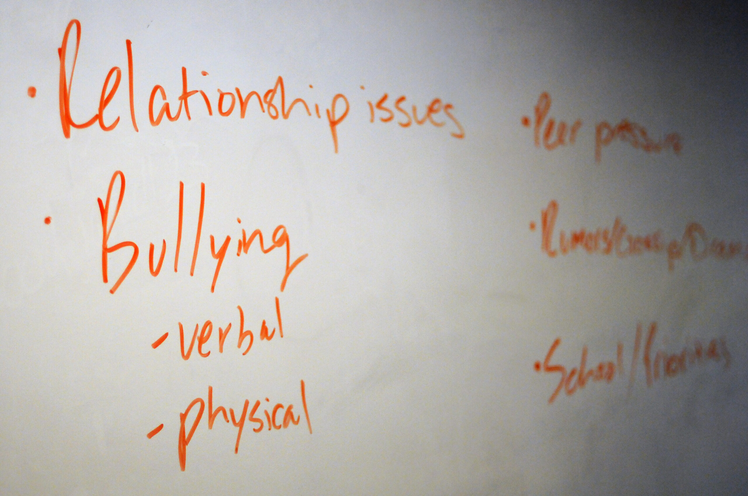 white board shows key words educating students about mental health