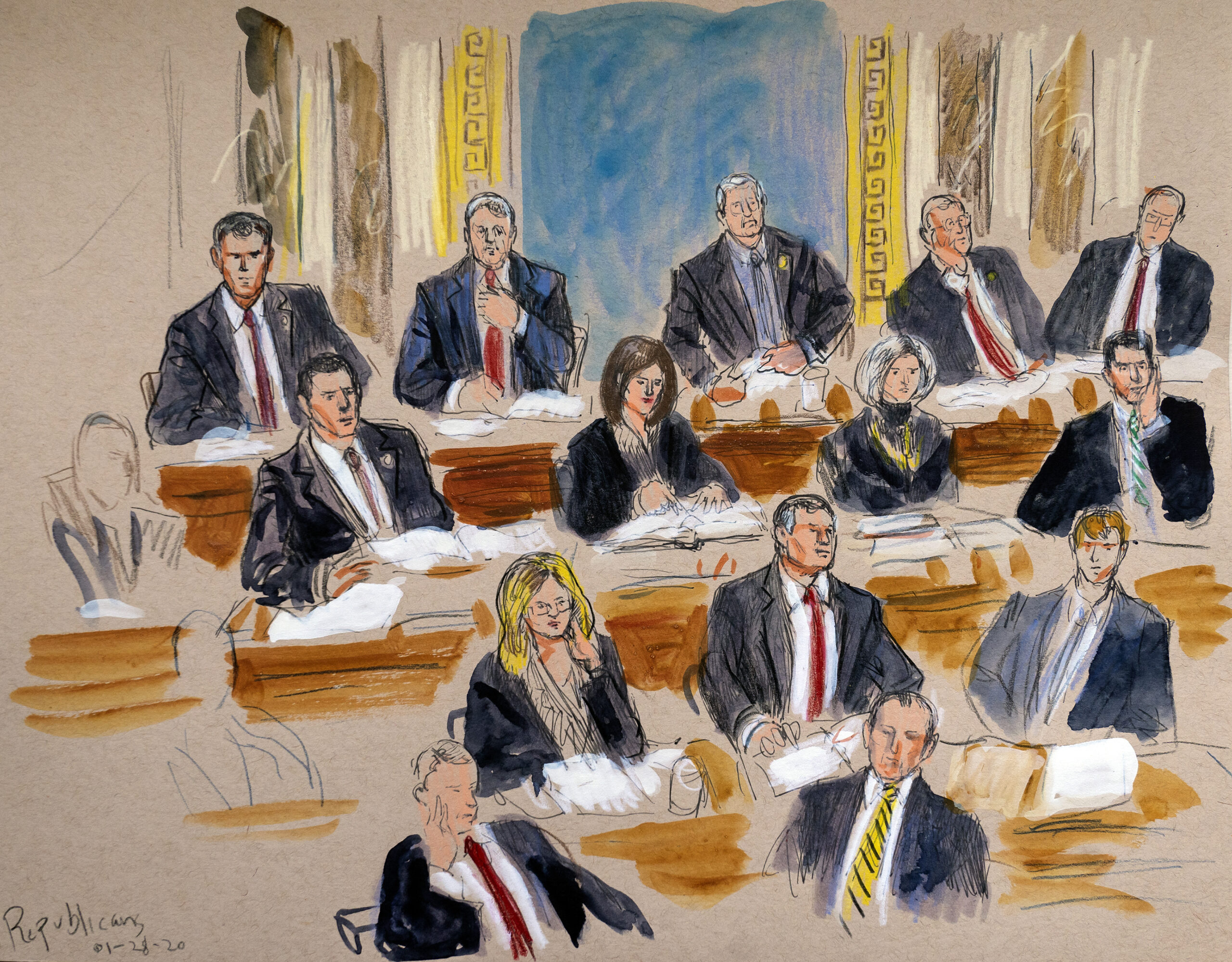 This artist sketch depicts the Republican side of the Senate during defense arguments