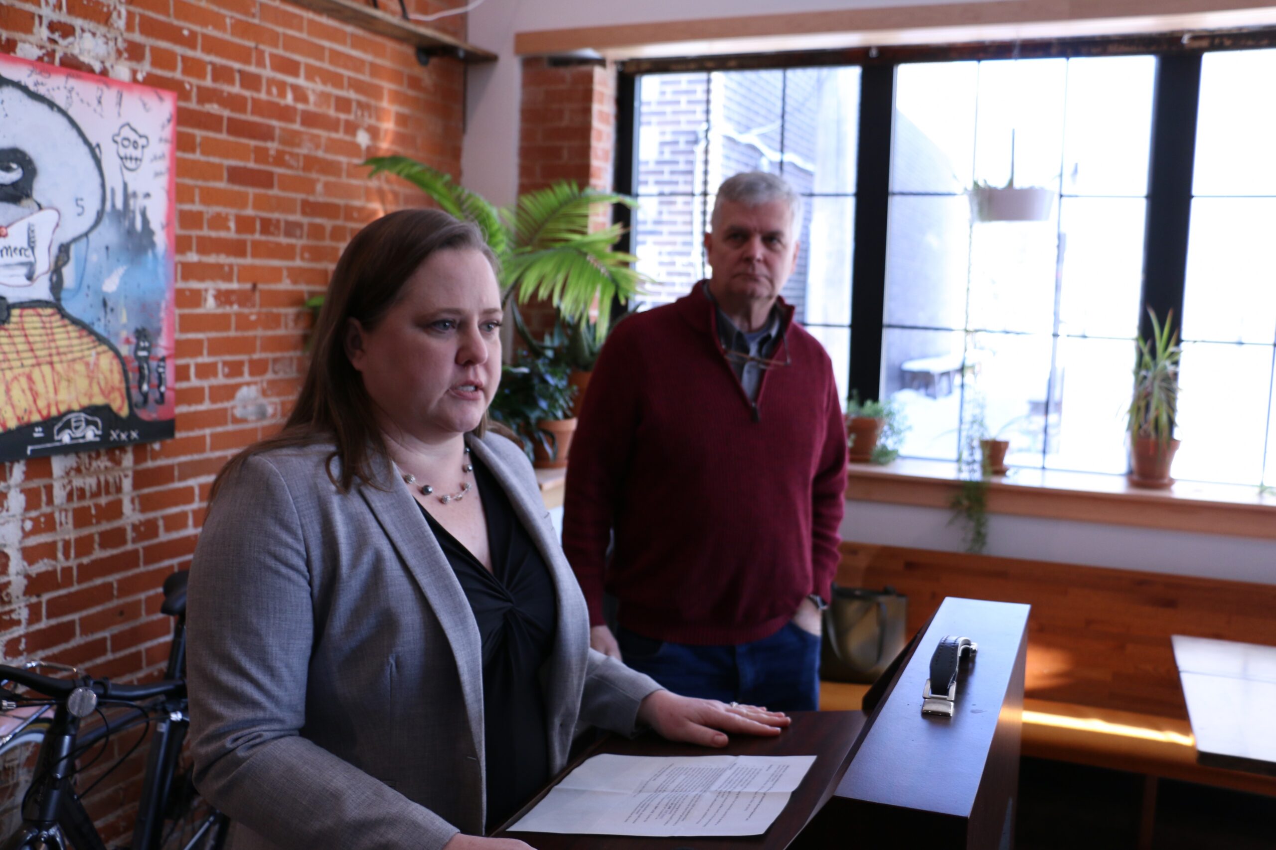 Jodi Emerson and Jeff Smith at a press conference