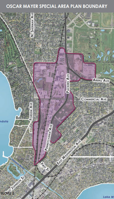 A 425-acre stretch of land is outlined in purple on a map of Madison to indicate the area the city wants to redevelop.