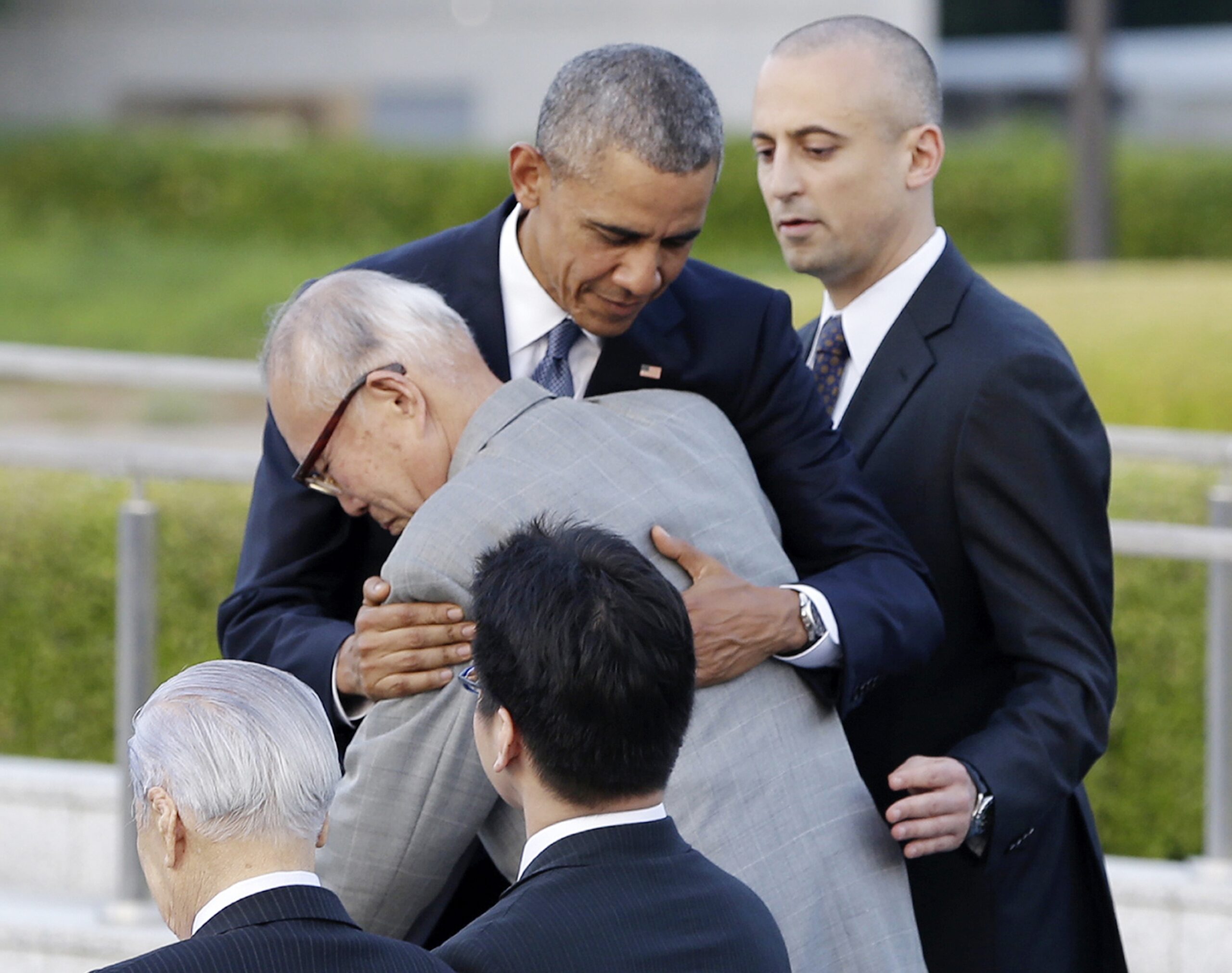 In this Friday, May 27, 2016, file photo, U.S. President Barack Obama hugs Shigeaki Mori, an atomic bomb survivor