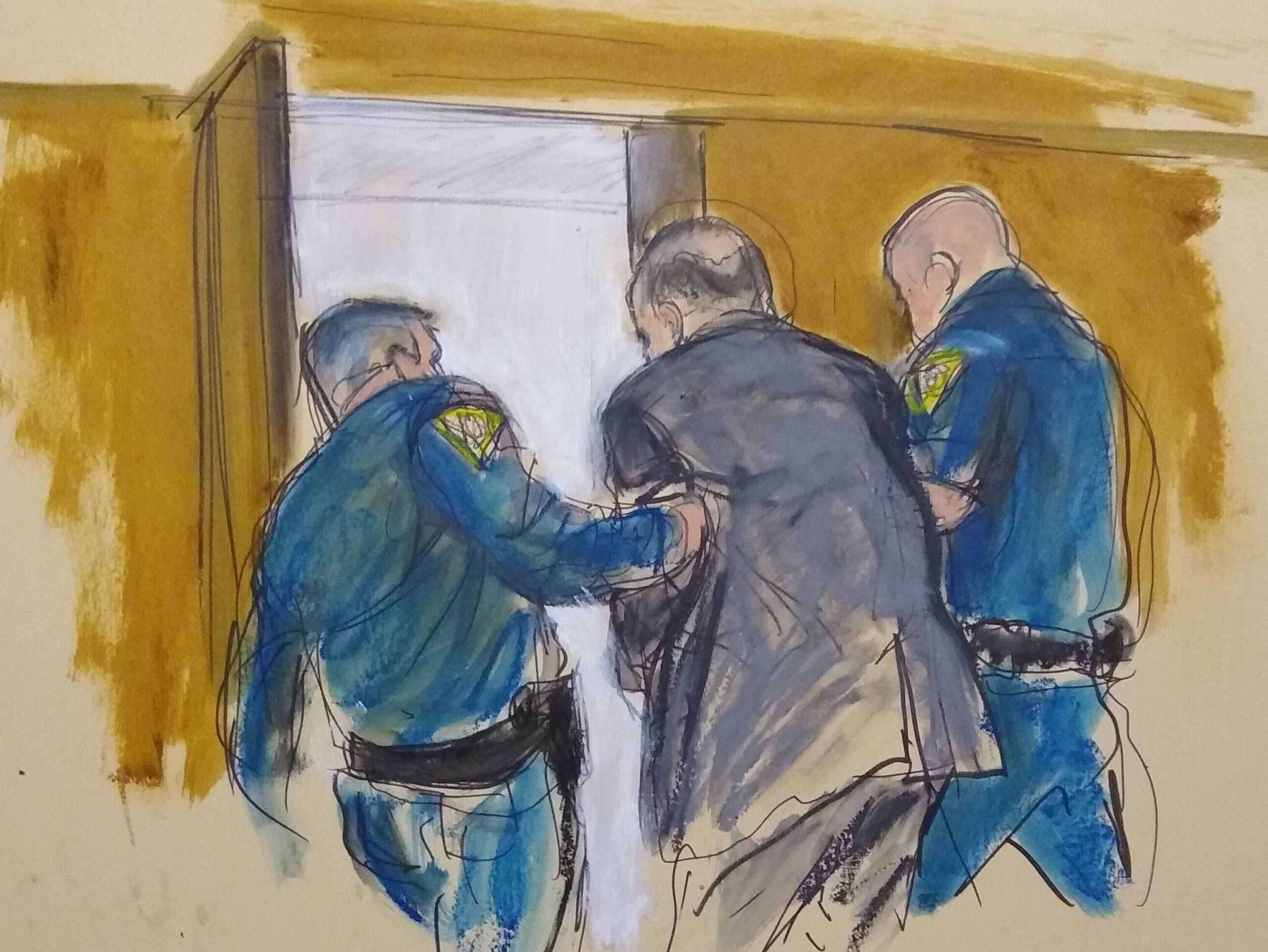Sketch of Harvey Weinstein led by police officers out of a New York courtroom