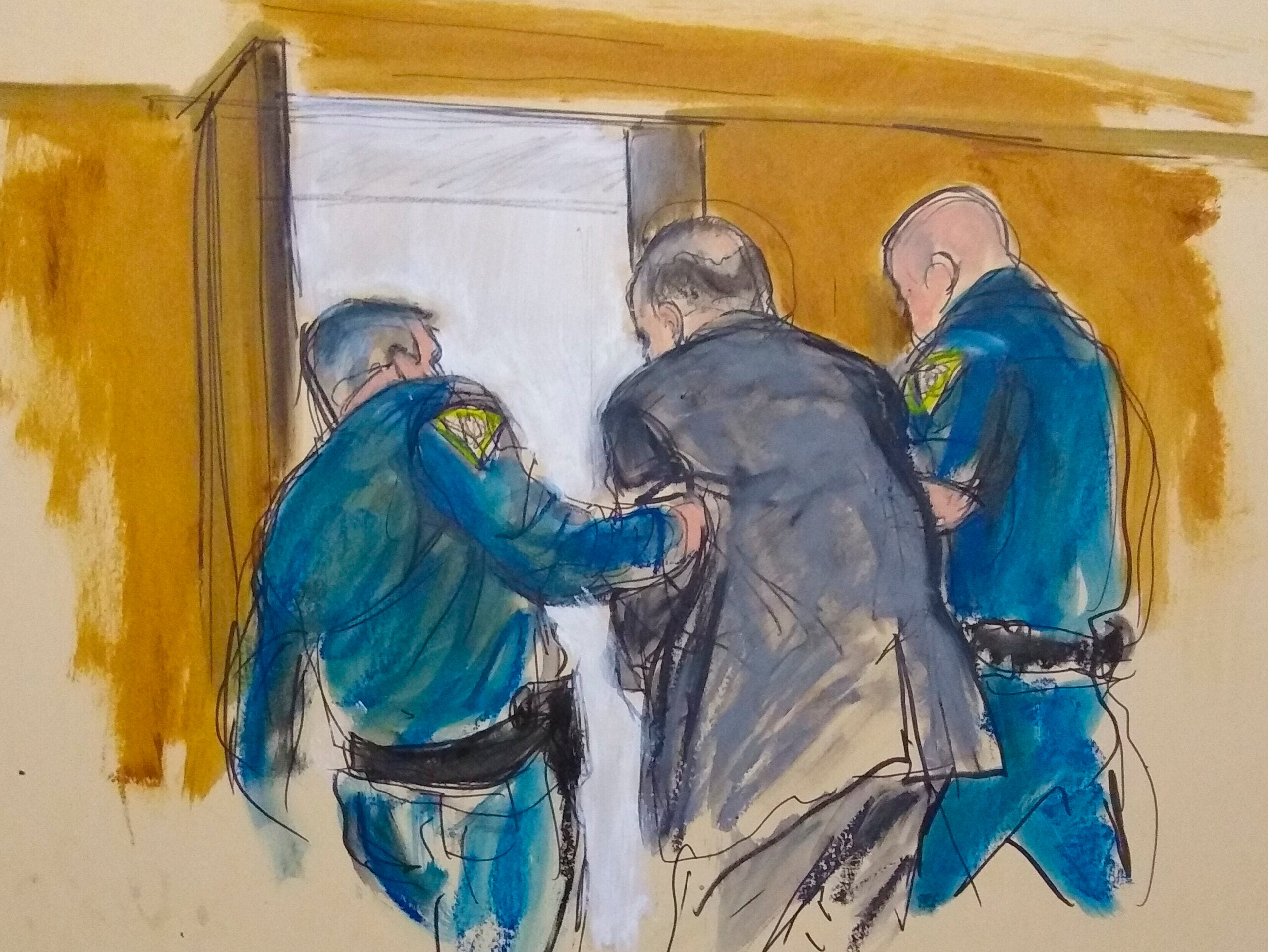 Sketch of Harvey Weinstein led by police officers out of a New York courtroom