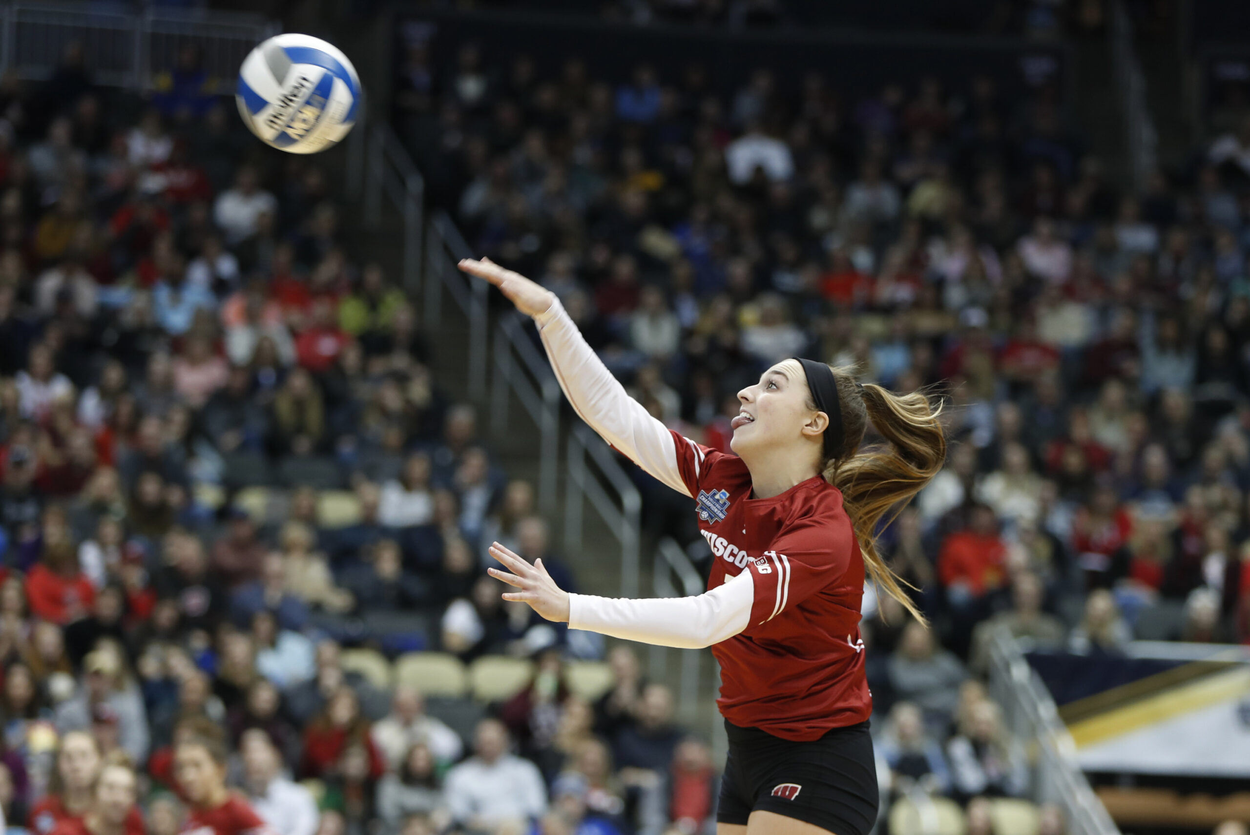 Wisconsin's Lauren Barnes serves to Stanford during the NCAA Division I women's volleyball championship match, Saturday, Dec. 21, 2019, in Pittsburgh.