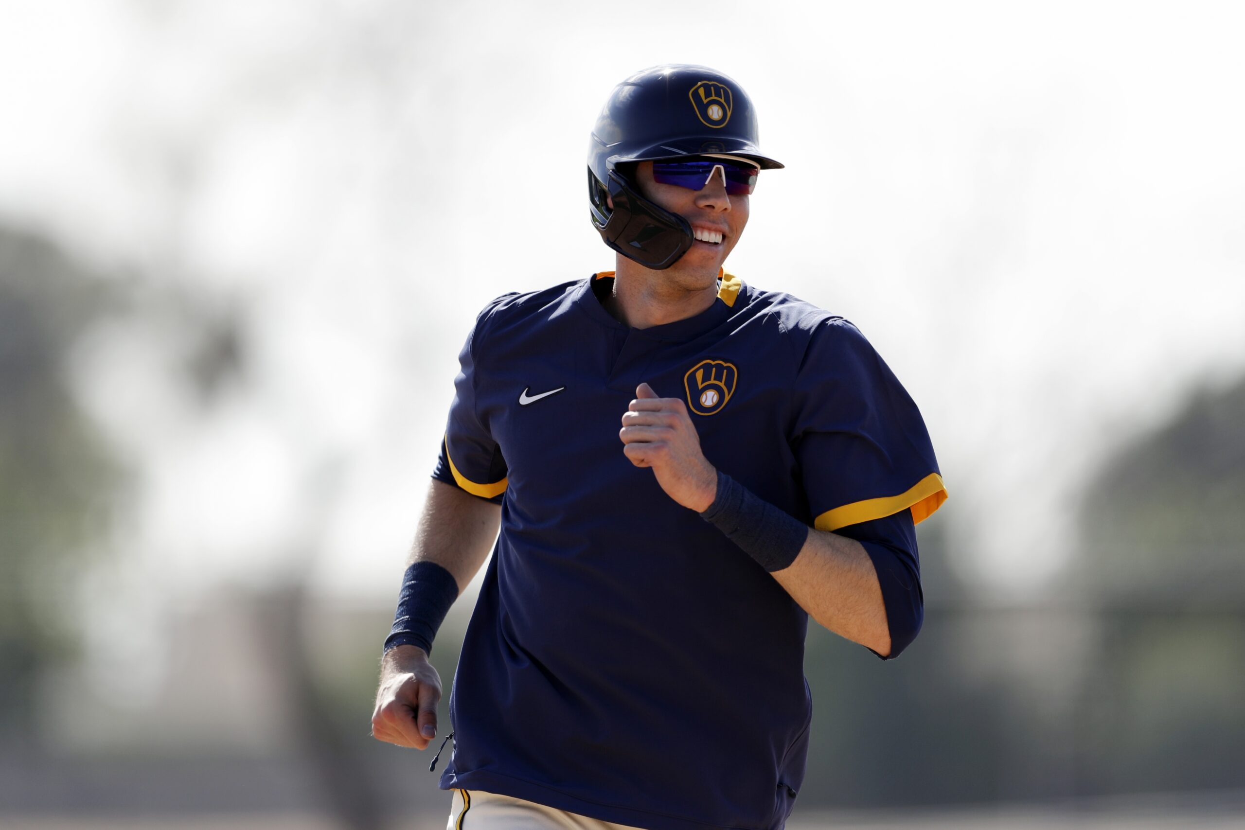 Milwaukee Brewers' Christian Yelich during a spring training baseball workout