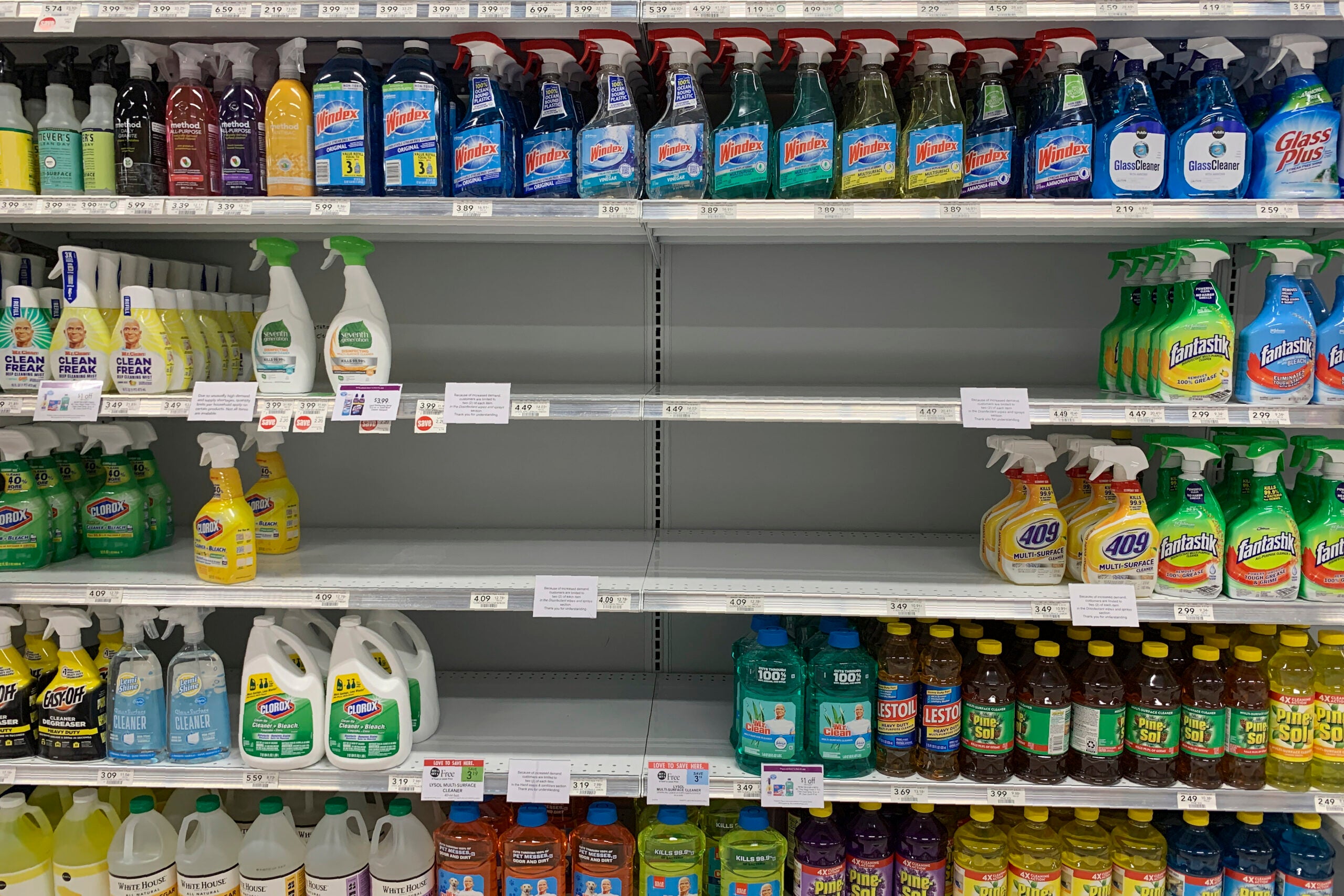 Empty shelves of cleaning supplies