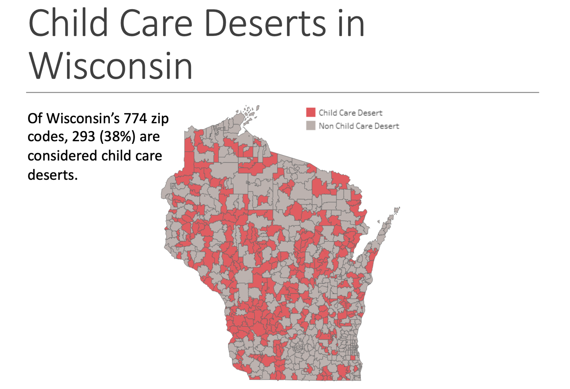 Map of child care deserts in Wisconsin