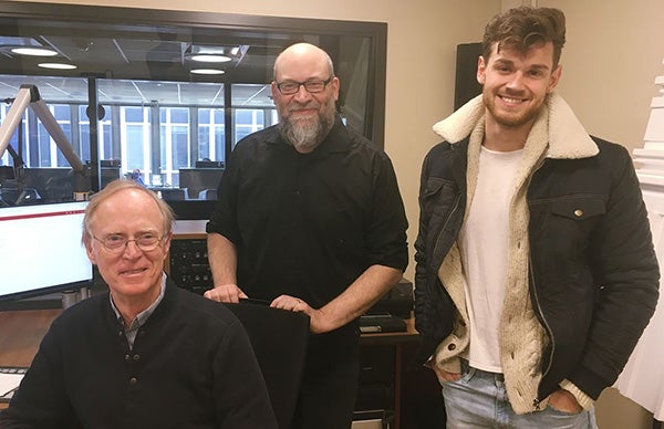 Photo of Host Norman Gilliland, Conductor Kenneth Woods and Violinist Blake Pouliot in WPR Studio