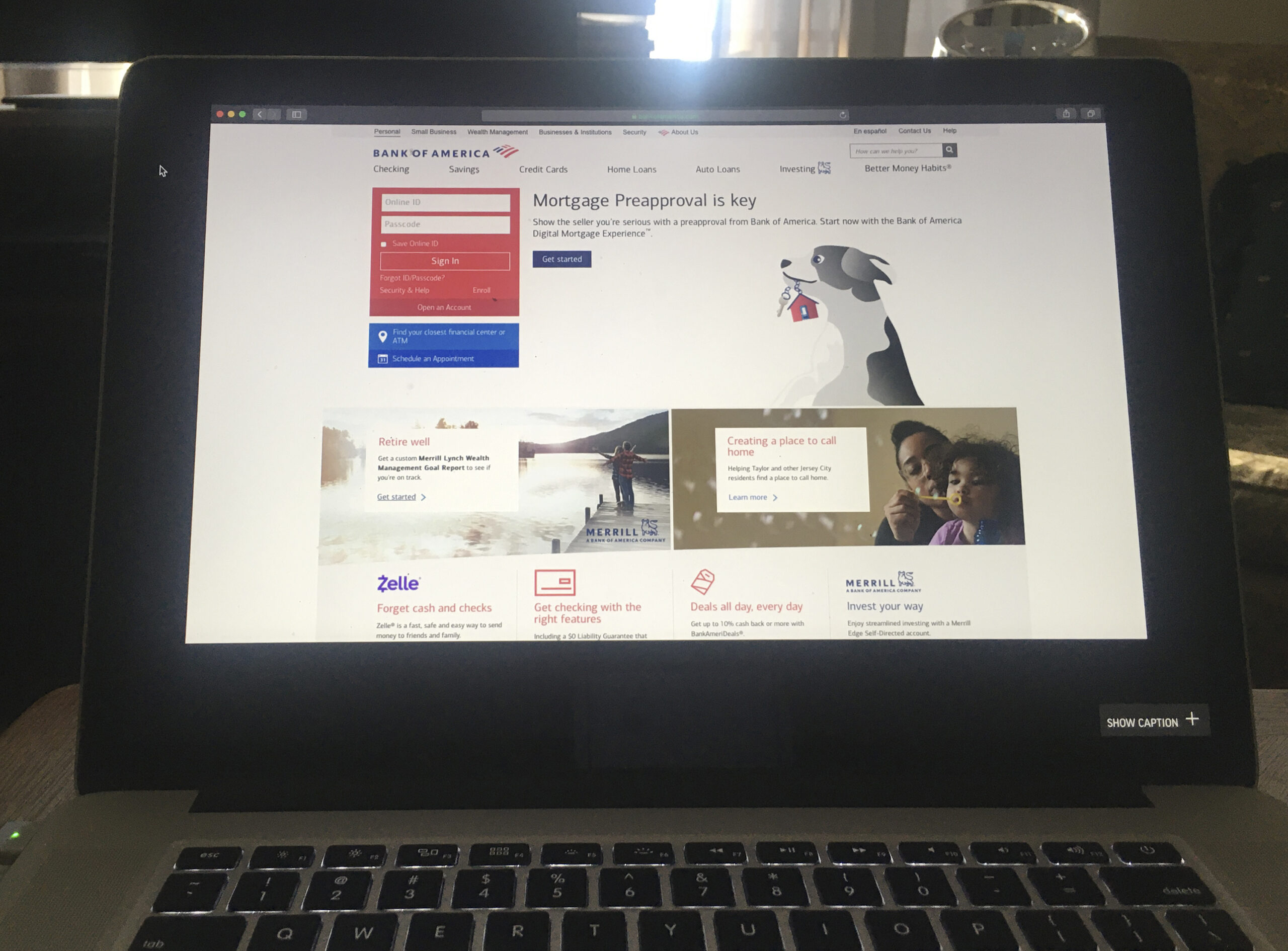 Bank of America's homepage is displayed on a computer screen