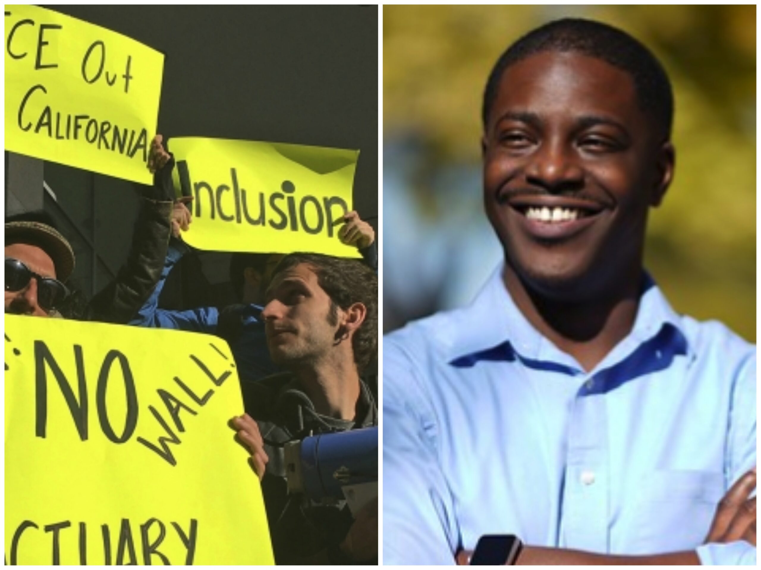 Mixed image: immigration supporters protesting and David Crowley
