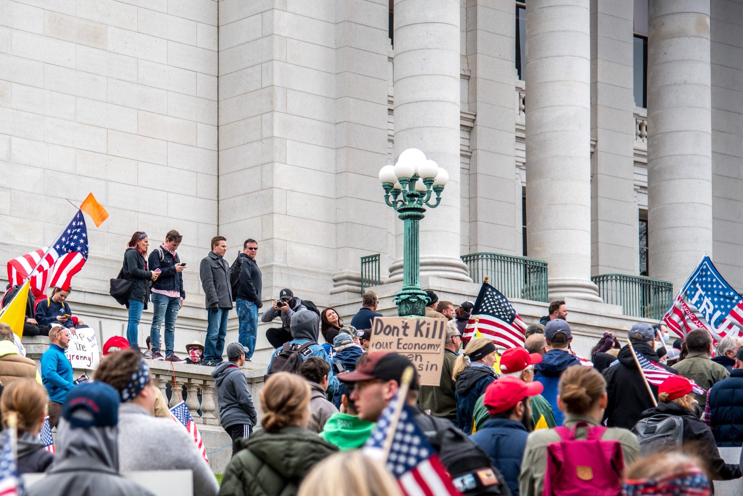 People protesting the stay-at-home order at the Wisconsin state Capitol
