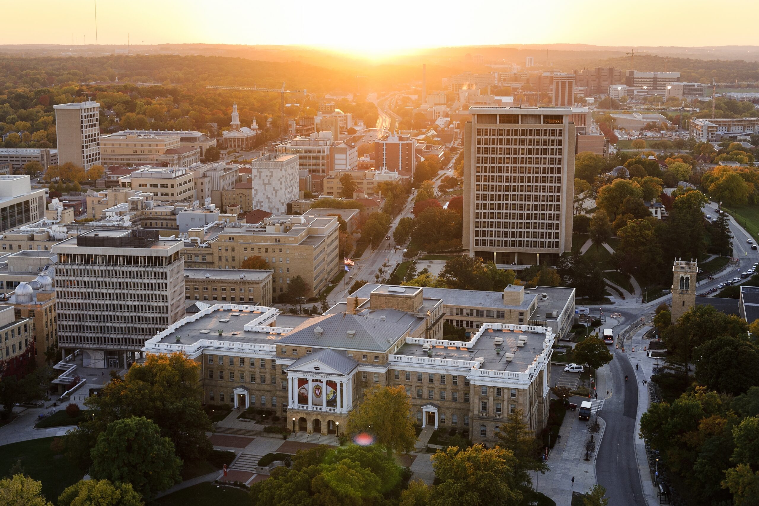 Bascom Hall is pictured in an aerial view of the University of Wisconsin-Madison campus