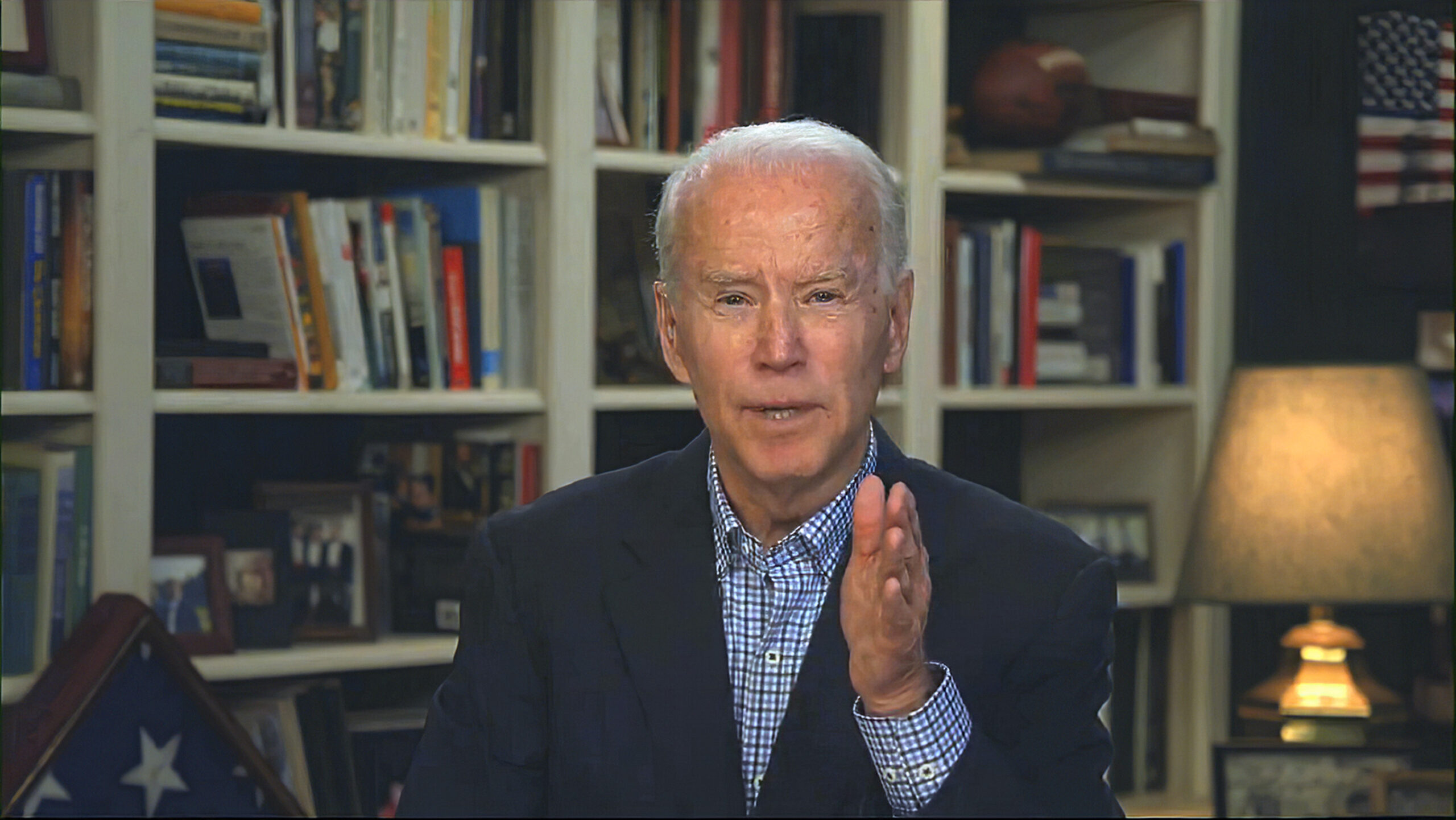 Democratic presidential candidate former Vice President Joe Biden speaks during a virtual press briefing