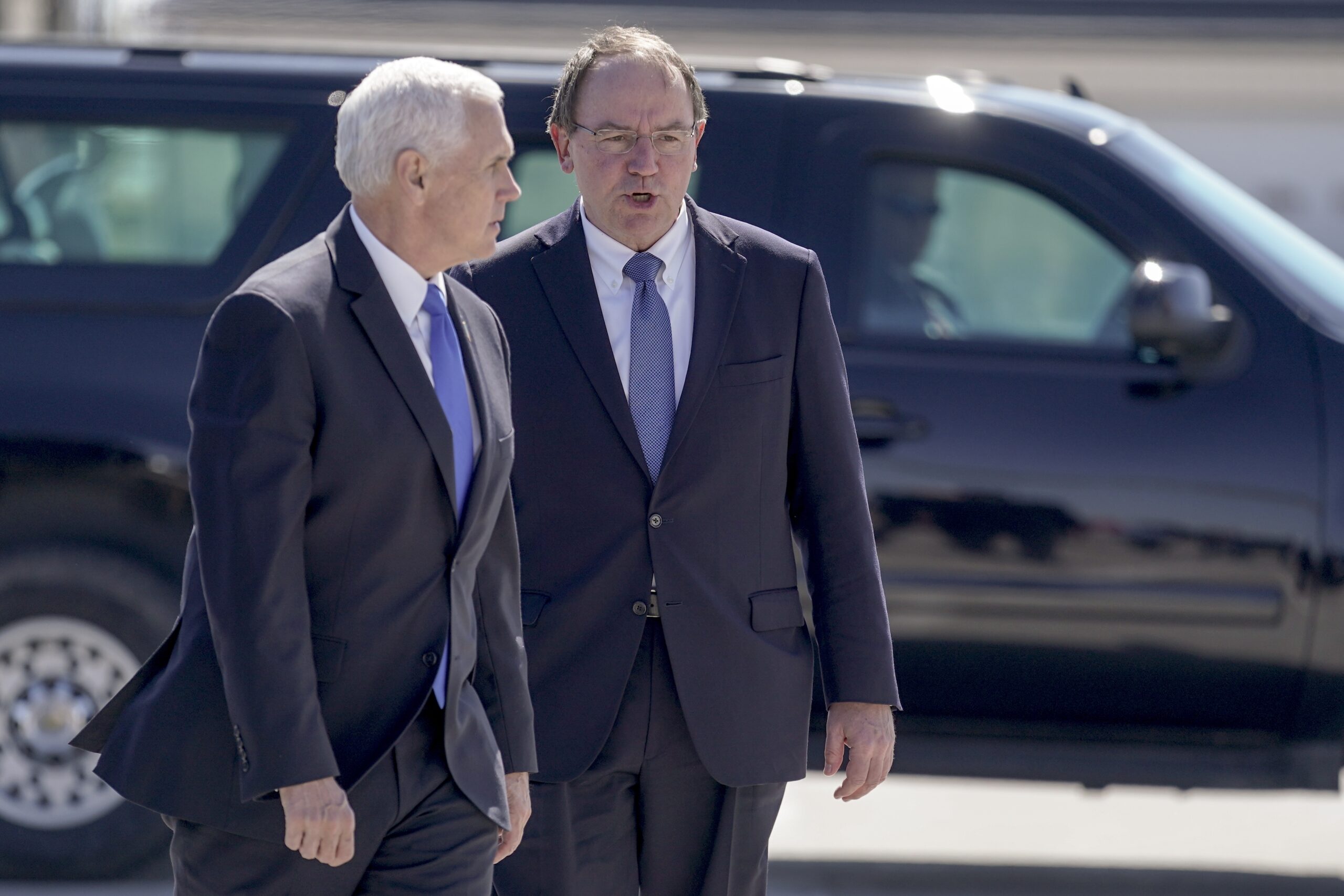 Vice President Mike Pence talks to 7th Congressional District Republican Congressional candidate Tom Tiffany