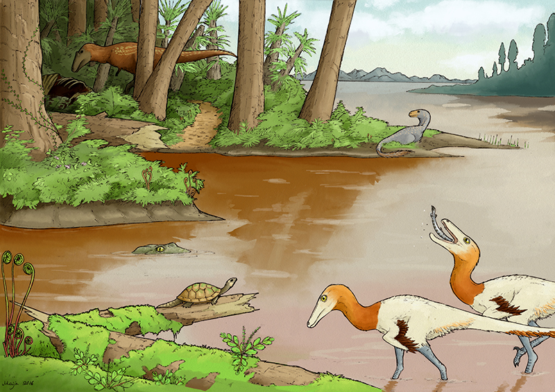 Artist Maija Karala created this rendering of raptors during the Cretaceous period