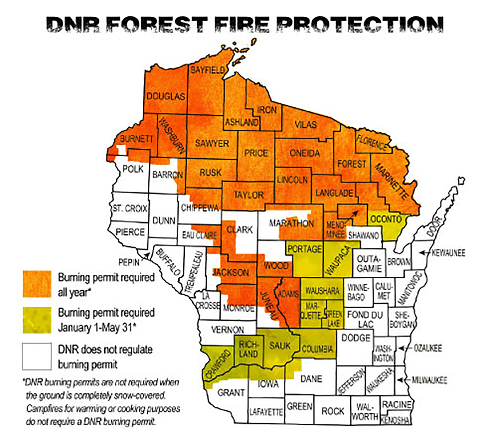 This screenshot from the DNR shows locations in Wisconsin where burning permits are required