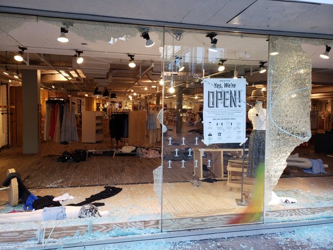 Store windows were smashed on State Street in downtown Madison early Saturday evening.