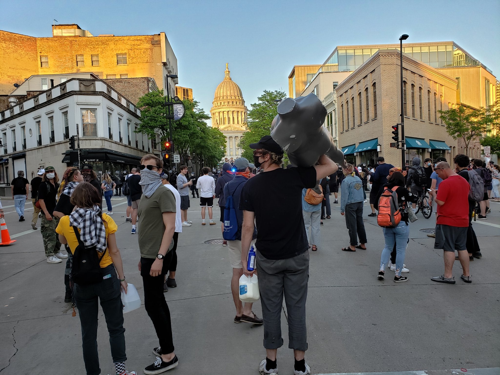 Protesters on State Street in downtown Madison early Saturday evening.