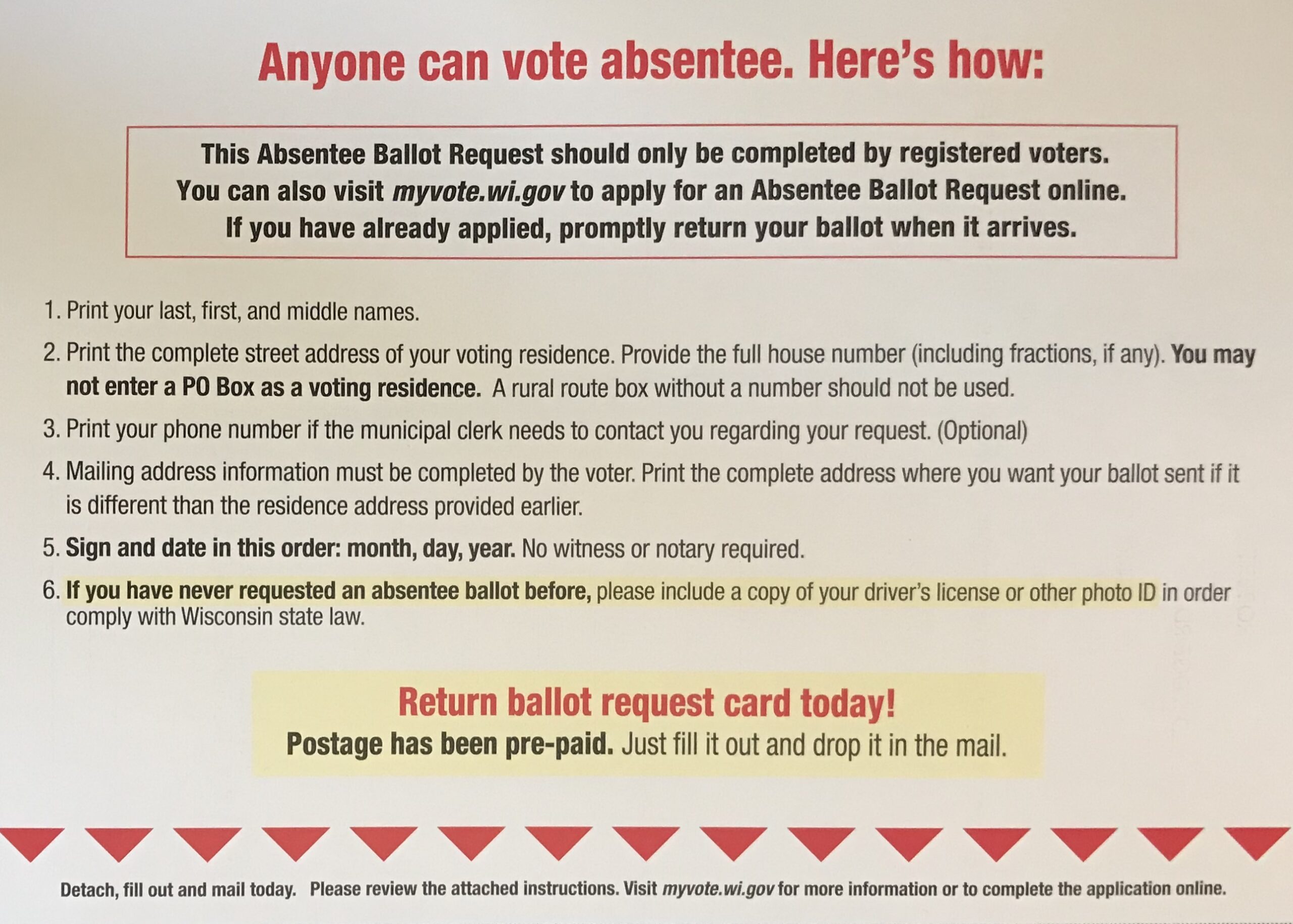 Instructions in mailer for voting absentee