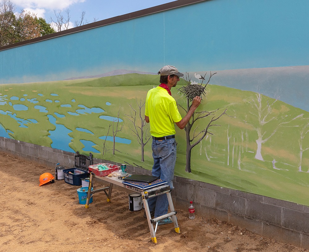 Artist Jay Jocham paints a pair of storks on a nest in one of China's critical wetlands for the mural in the red-crowned crane exhibit