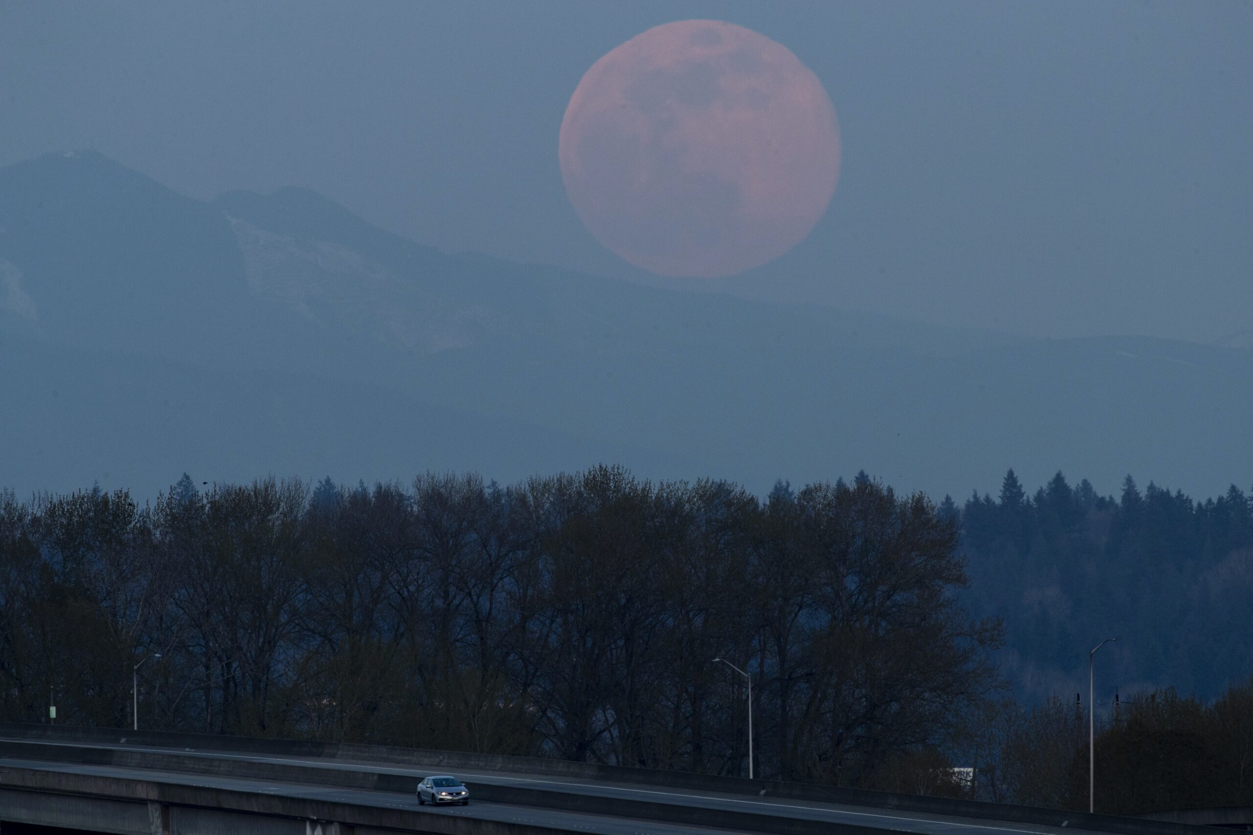A lone car passes as the so-called pink supermoon rises, Tuesday, April 7, 2020, as seen from Tacoma, Wash.