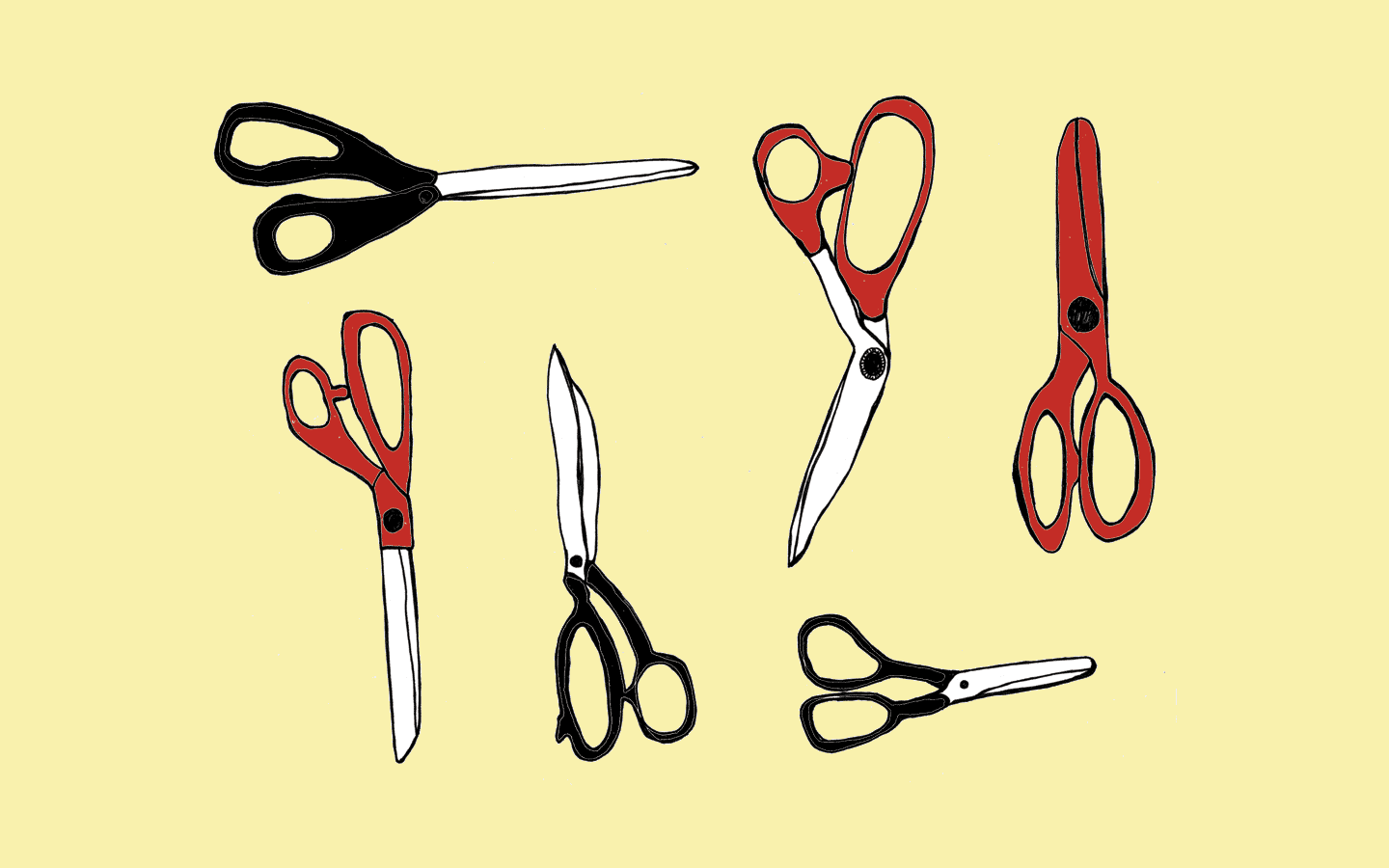 An illustration of several pairs of scissors on a pale yellow background.