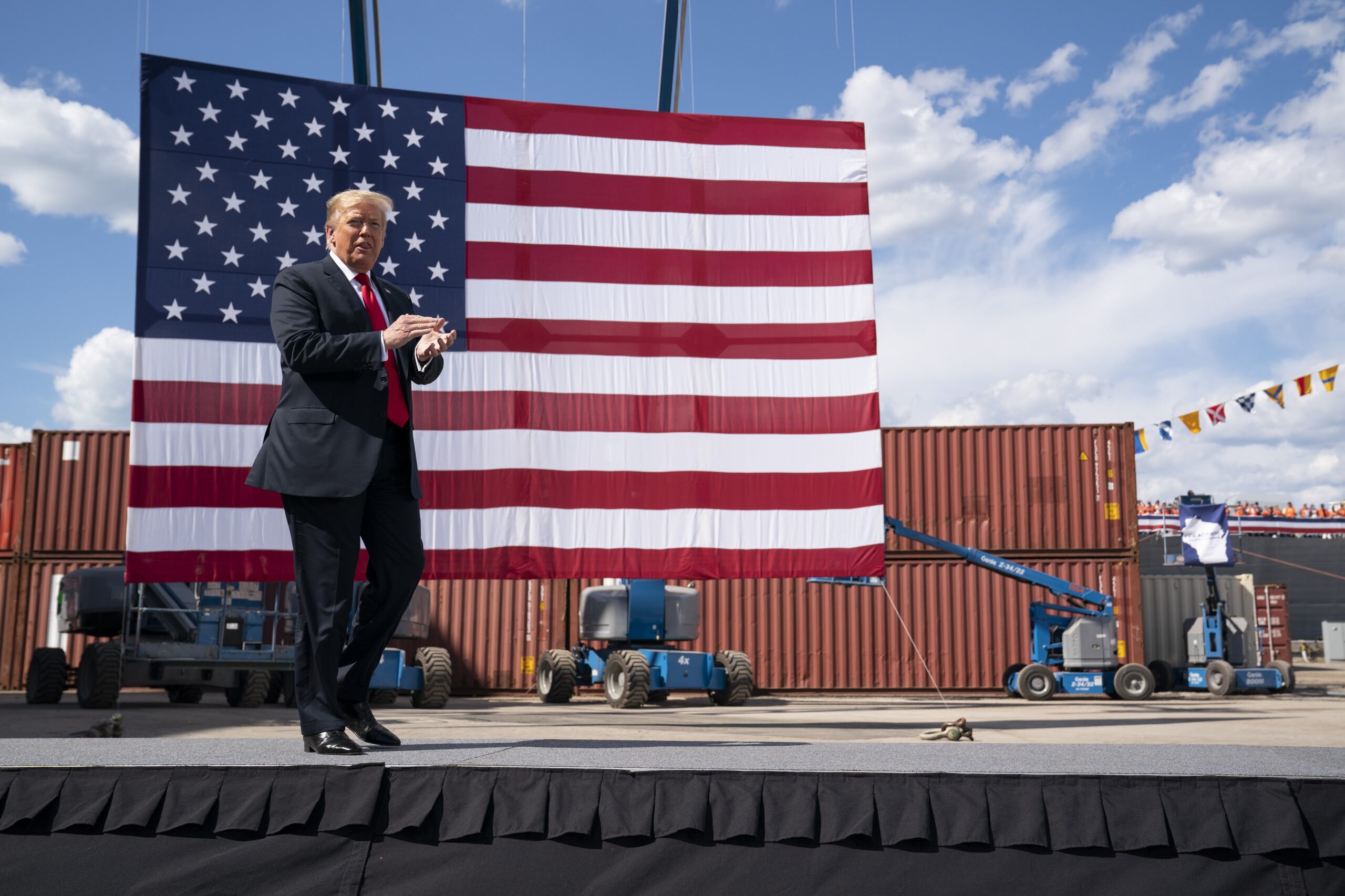 President Donald Trump arrives to speak at Fincantieri Marinette Marine