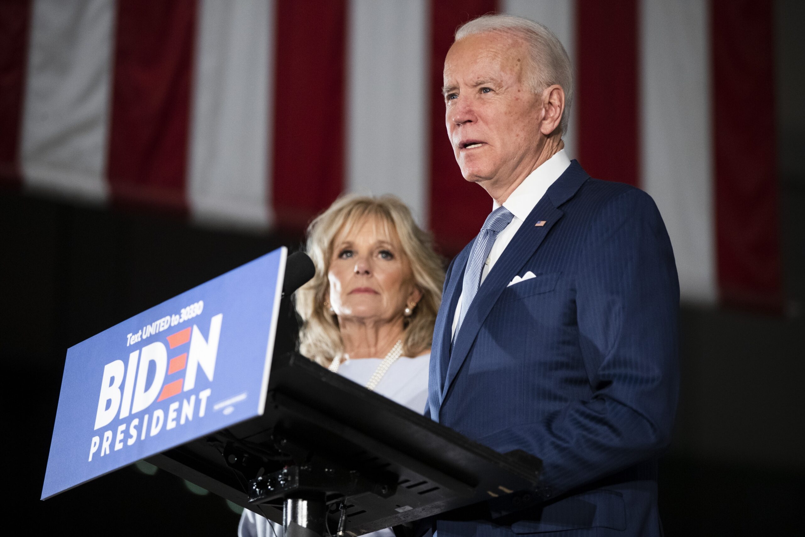 Democratic presidential candidate former Vice President Joe Biden, accompanied by his wife Jill.