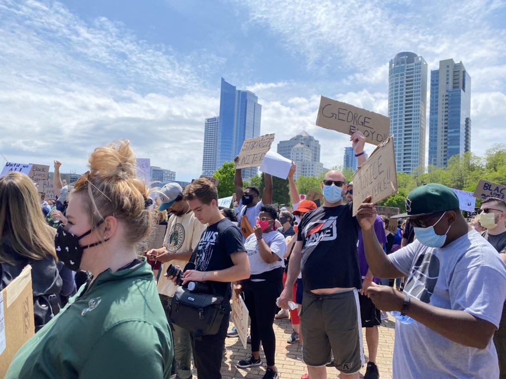 Protesters gathered at Veterans Park in Milwaukee on Sunday afternoon.