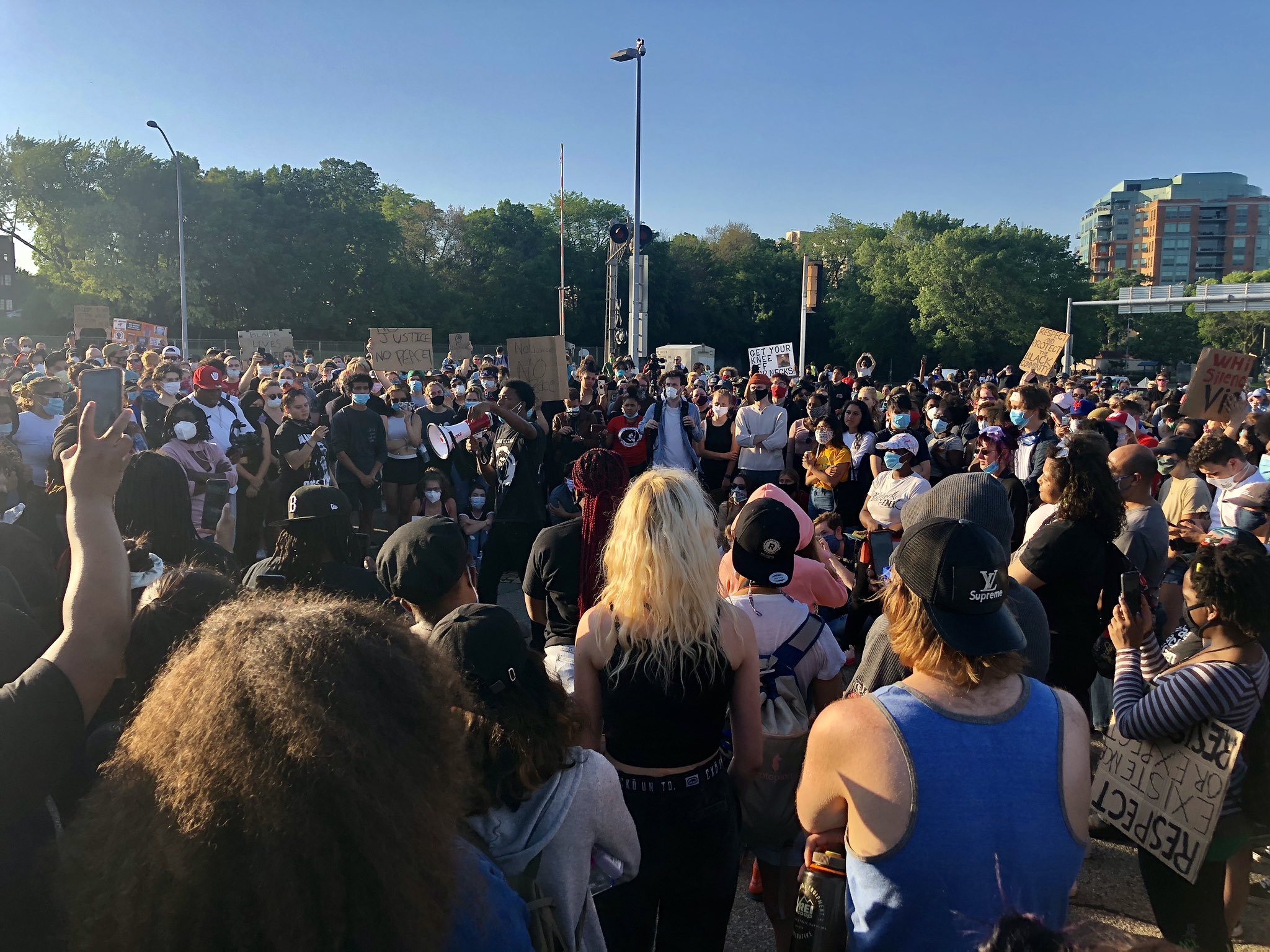 Protesters rallied on John Nolen Drive in Madison on Monday afternoon. Laurel White/WPR