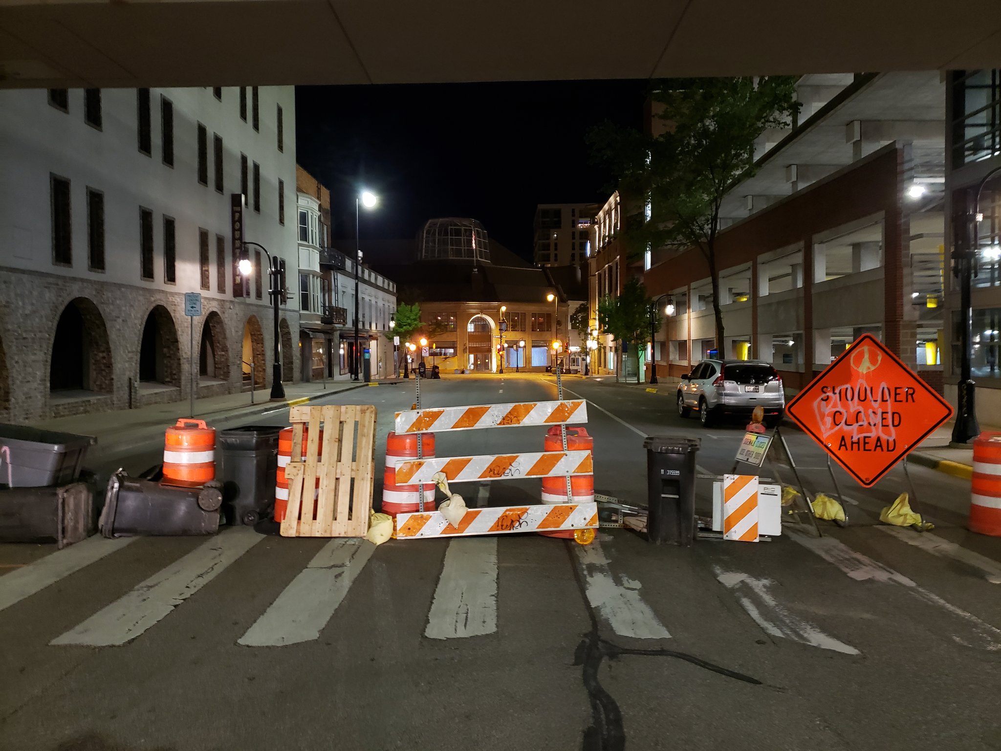 An improvised barrier on the street in Madison's downtown.