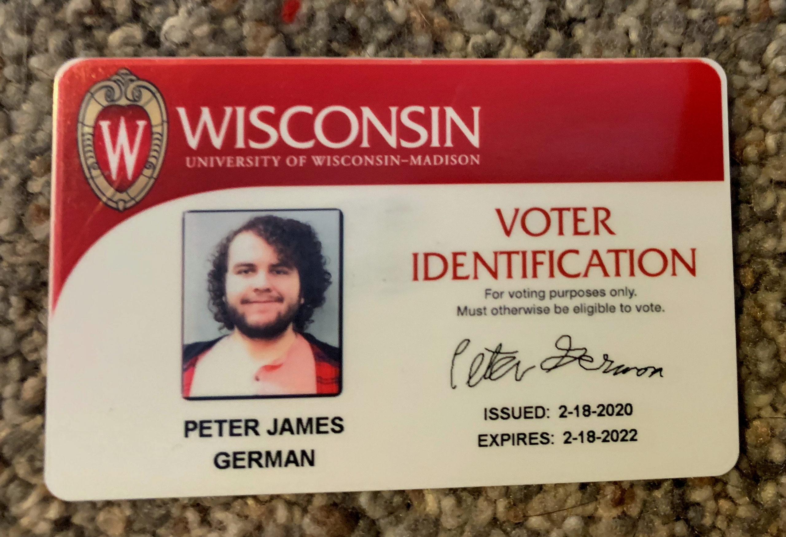 University of Wisconsin-Madison student Peter German's student voter ID