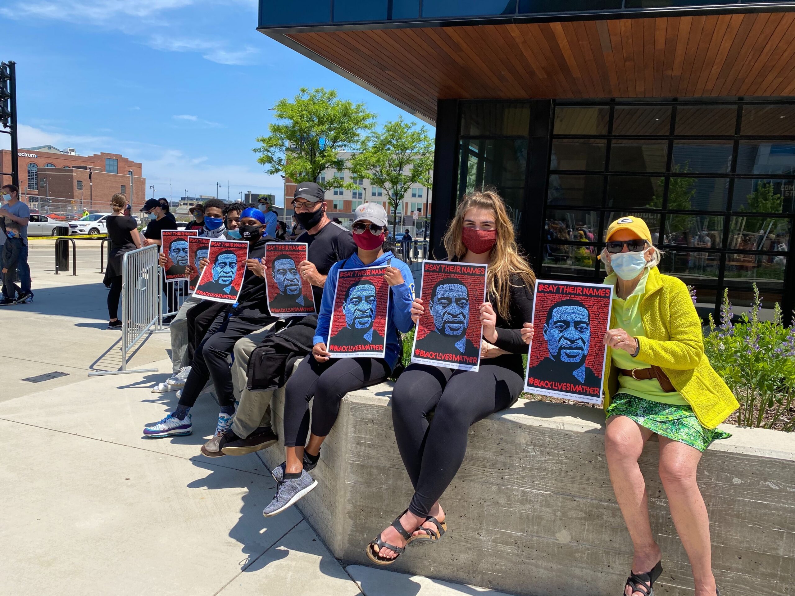 Protesters wait before Milwaukee Bucks protest at the Fiserv Forum in Milwaukee on Sunday afternoon, June 7, 2020