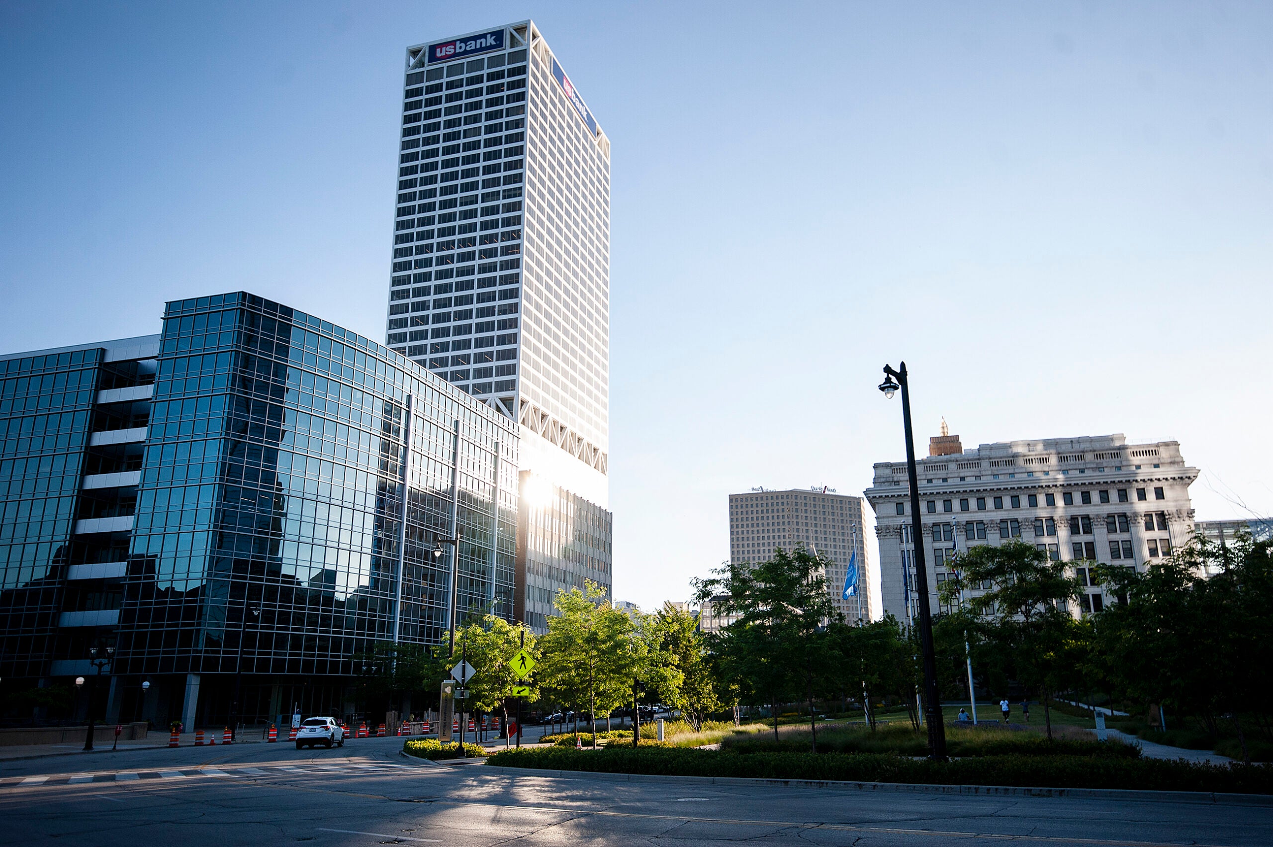 Sun reflects off of the US Bank building