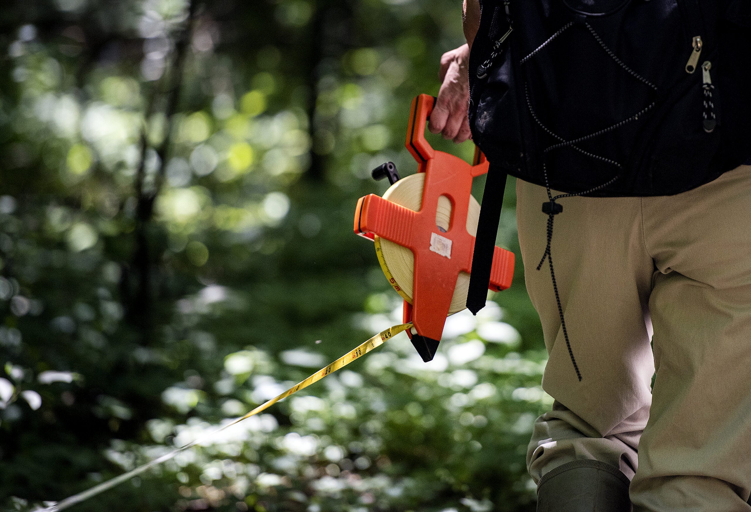measuring tape is unrolled as it's pulled through a wooded area
