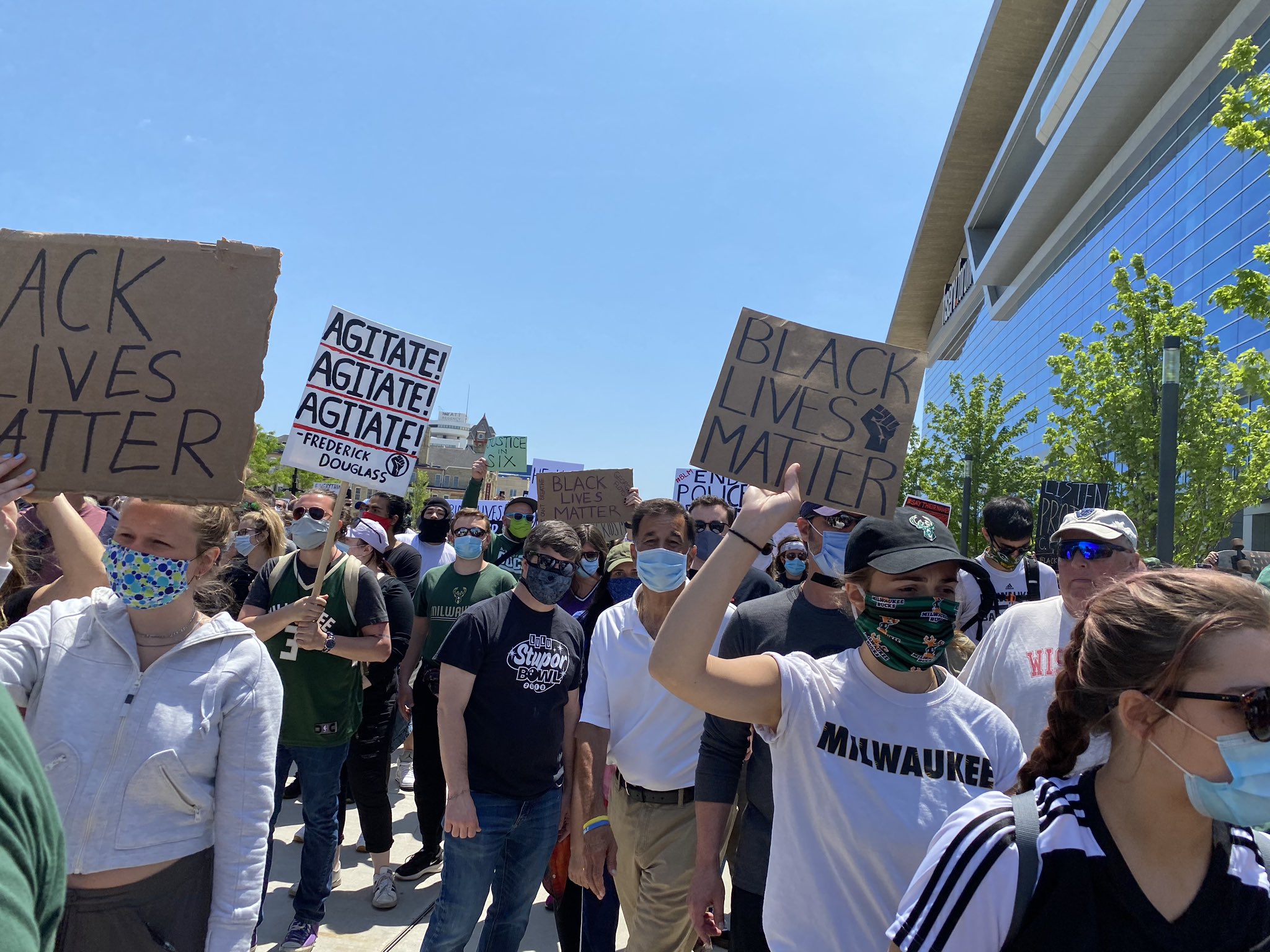 Protesters walk at the march and rally that the Milwaukee Bucks organized at the Fiserv Forum on Sunday afternoon, June 7, 2020.