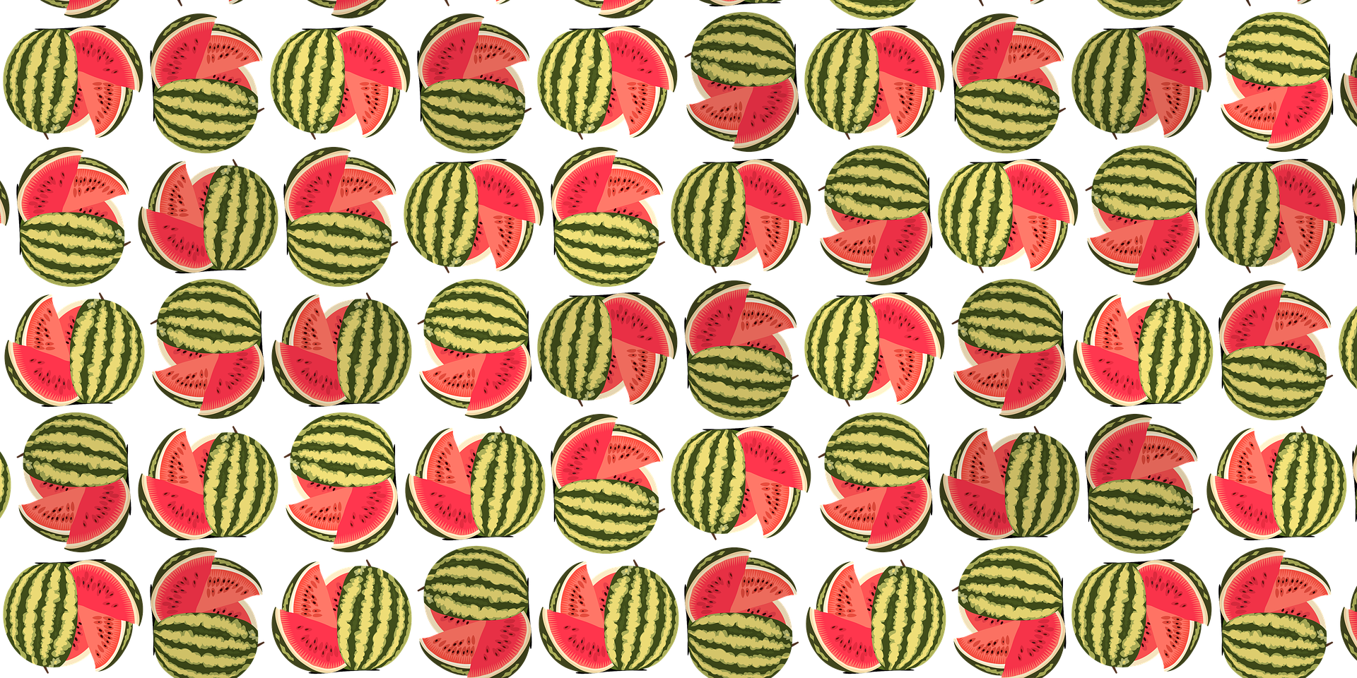 An illustrated image of a whole watermelon sliced open and repeated in rows as a pattern.