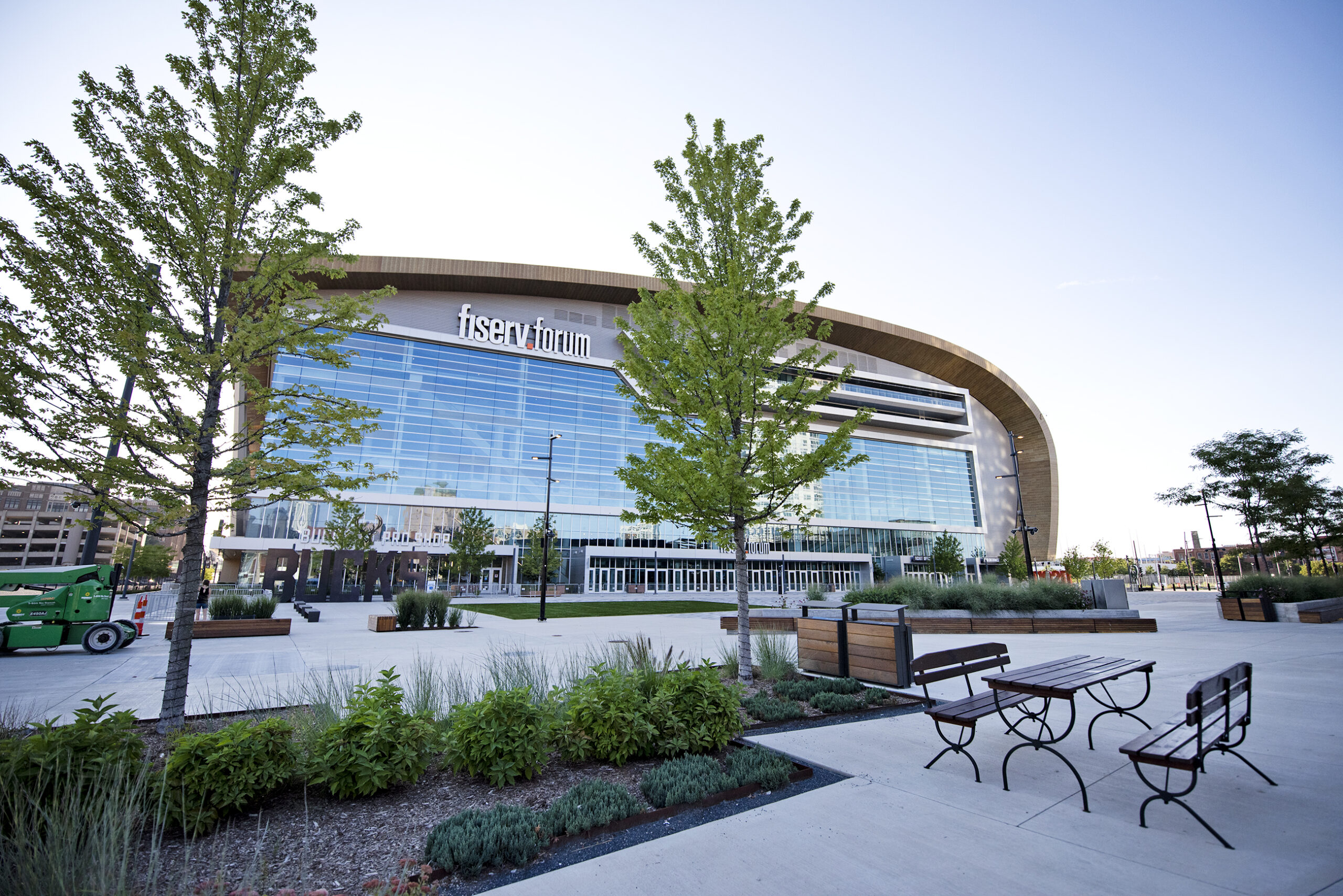 an empty table at a restaurant is located near the Fiserv Forum in Milwaukee