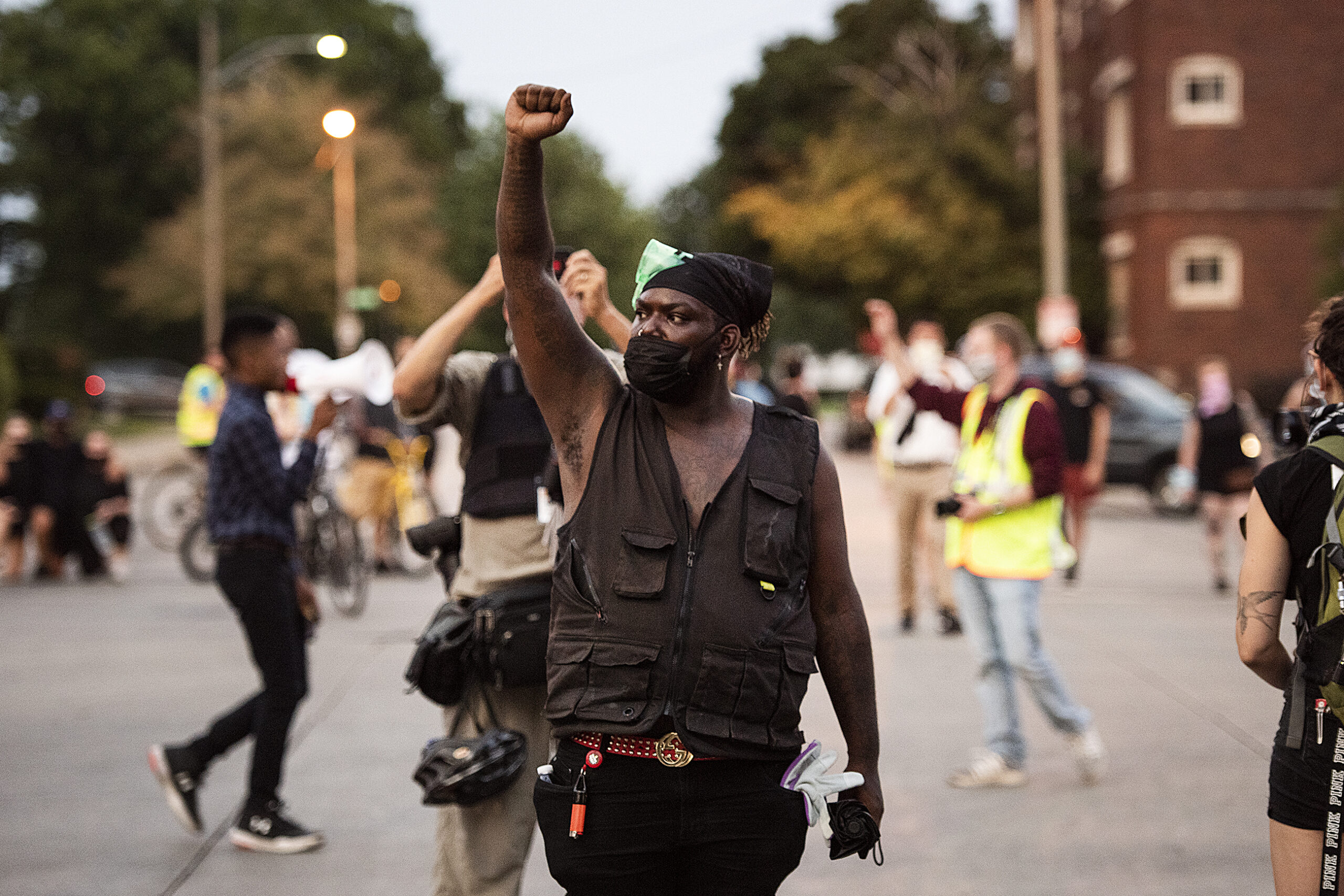 a protester raises his fist