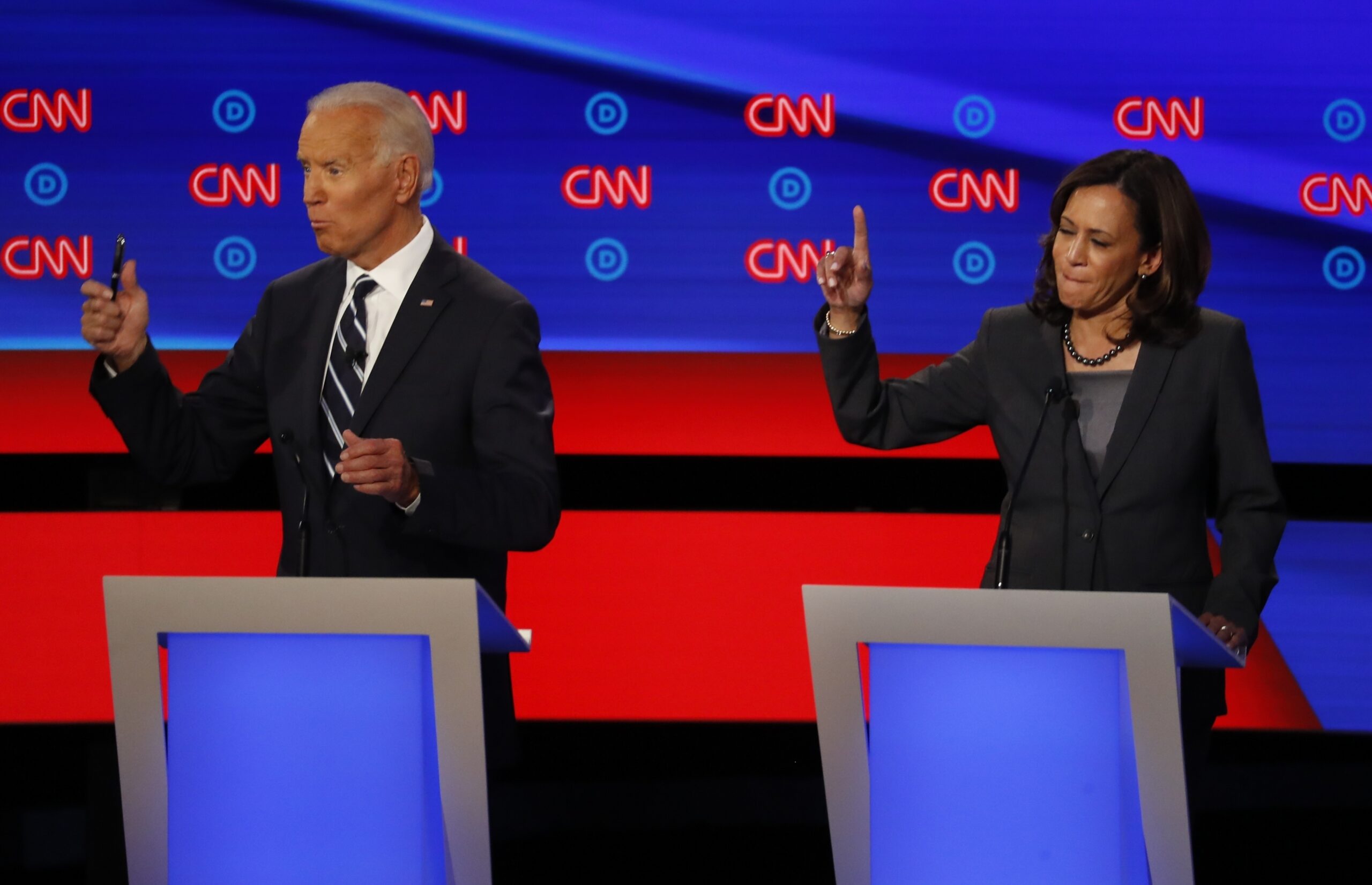 Kamala Harris and Joe Biden during a Democratic presidential debate